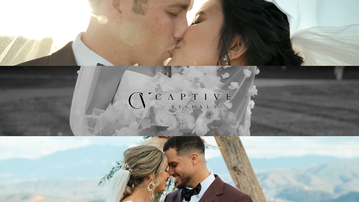 Two romantic wedding couples share intimate moments against beautiful outdoor backgrounds in a split photo collage.
