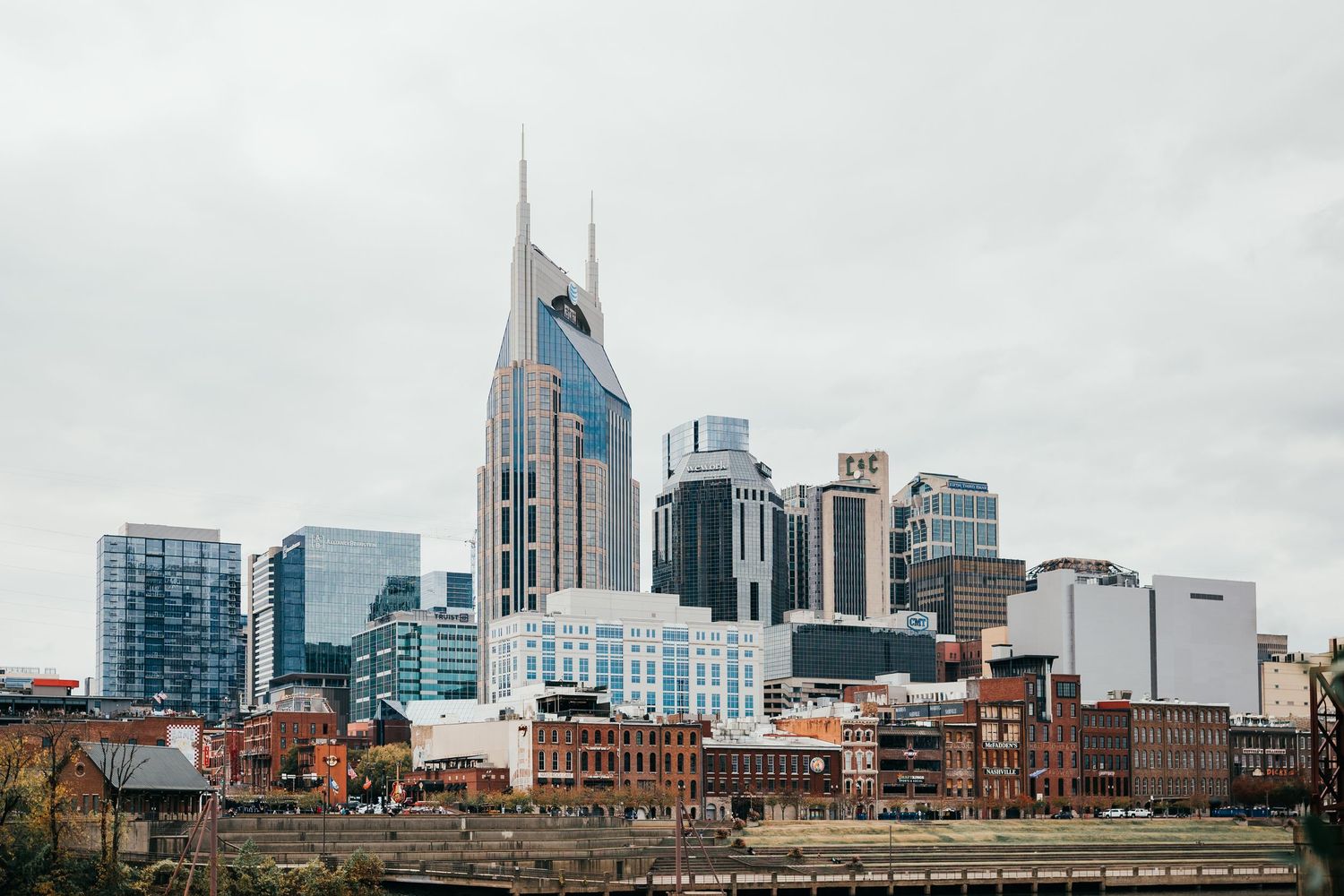 A panoramic view of Nashville's cityscape on a cloudy day.