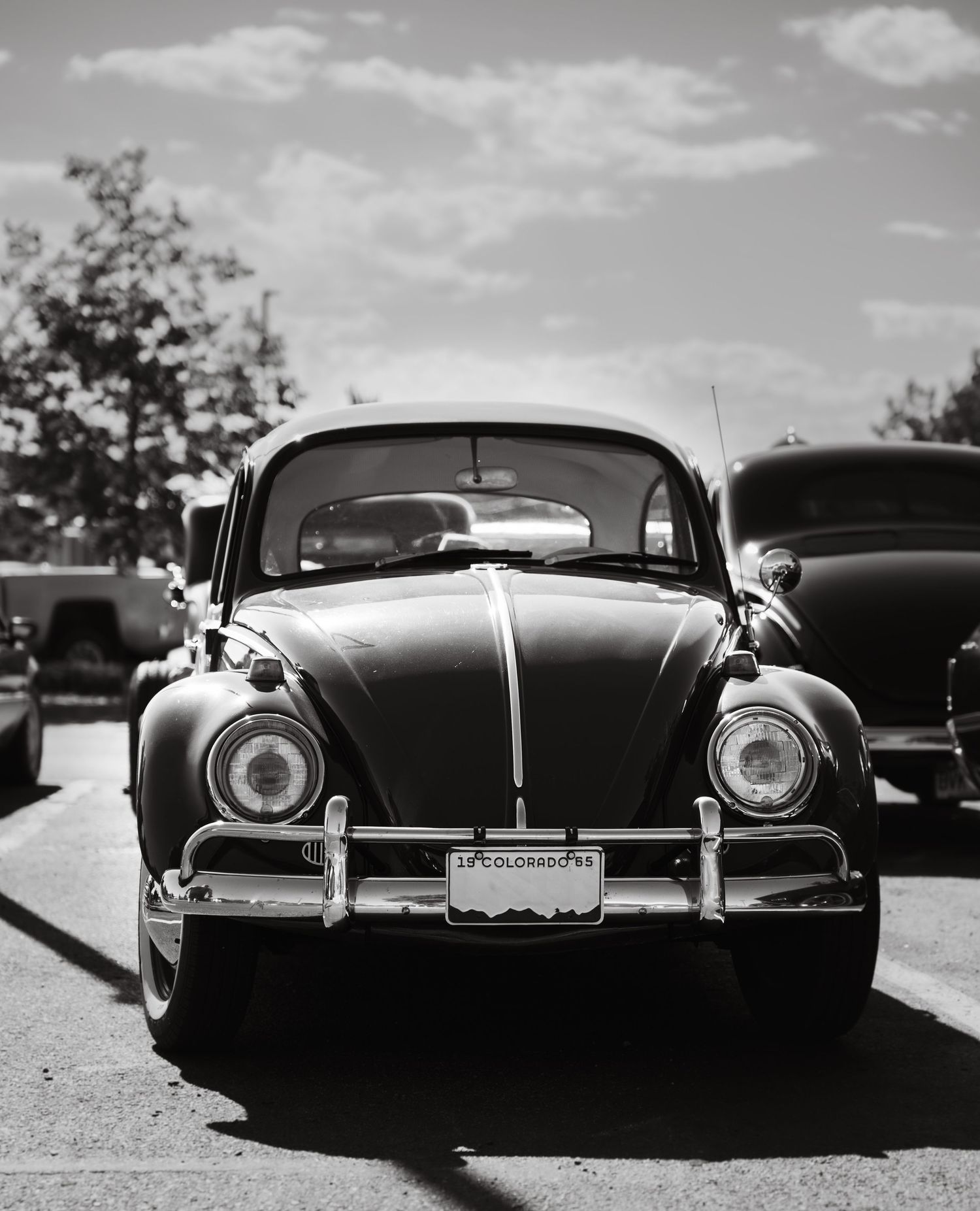 Black and white photo of a vintage VW Bug