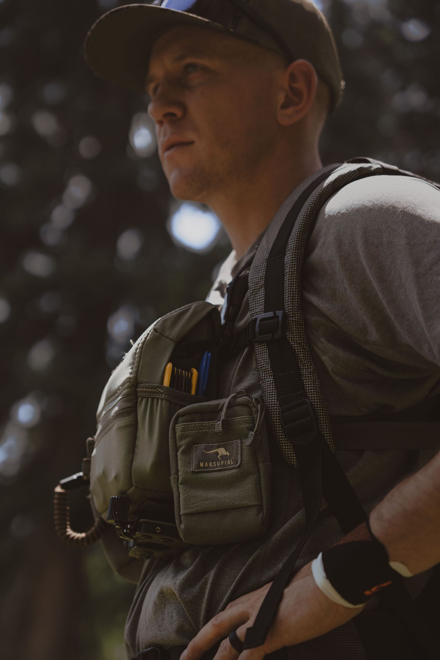 Man wearing a bino-harness