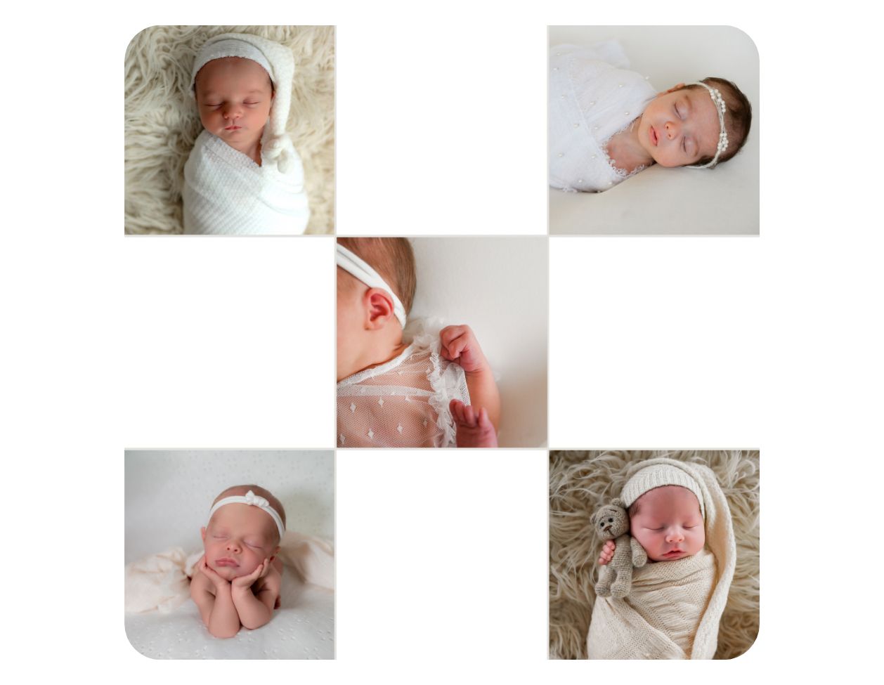 Newborn baby girl in white wrap posed in soft white photography collage.