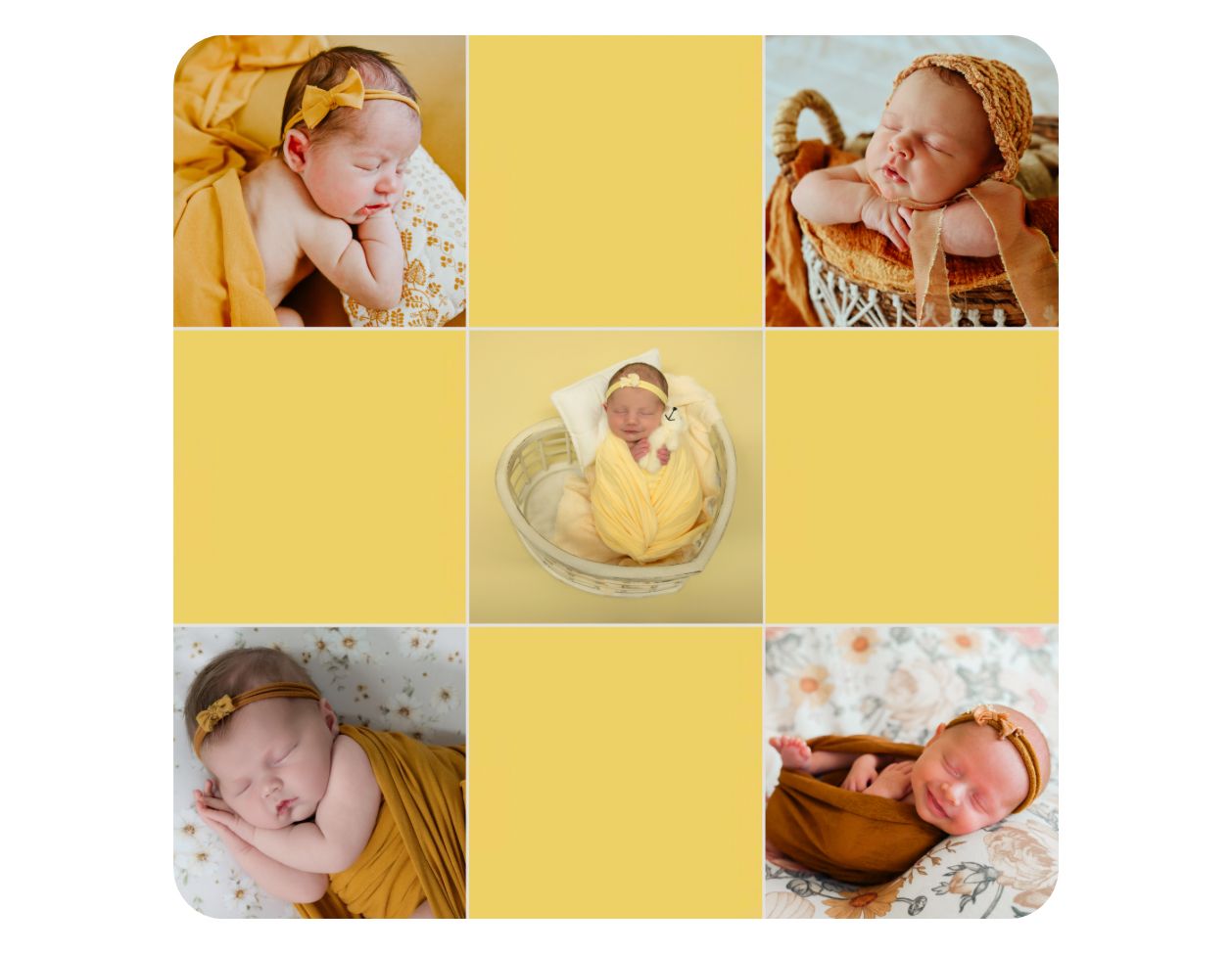 Newborn baby girl in yellow wrap posed in bright sunny yellow photo collage.