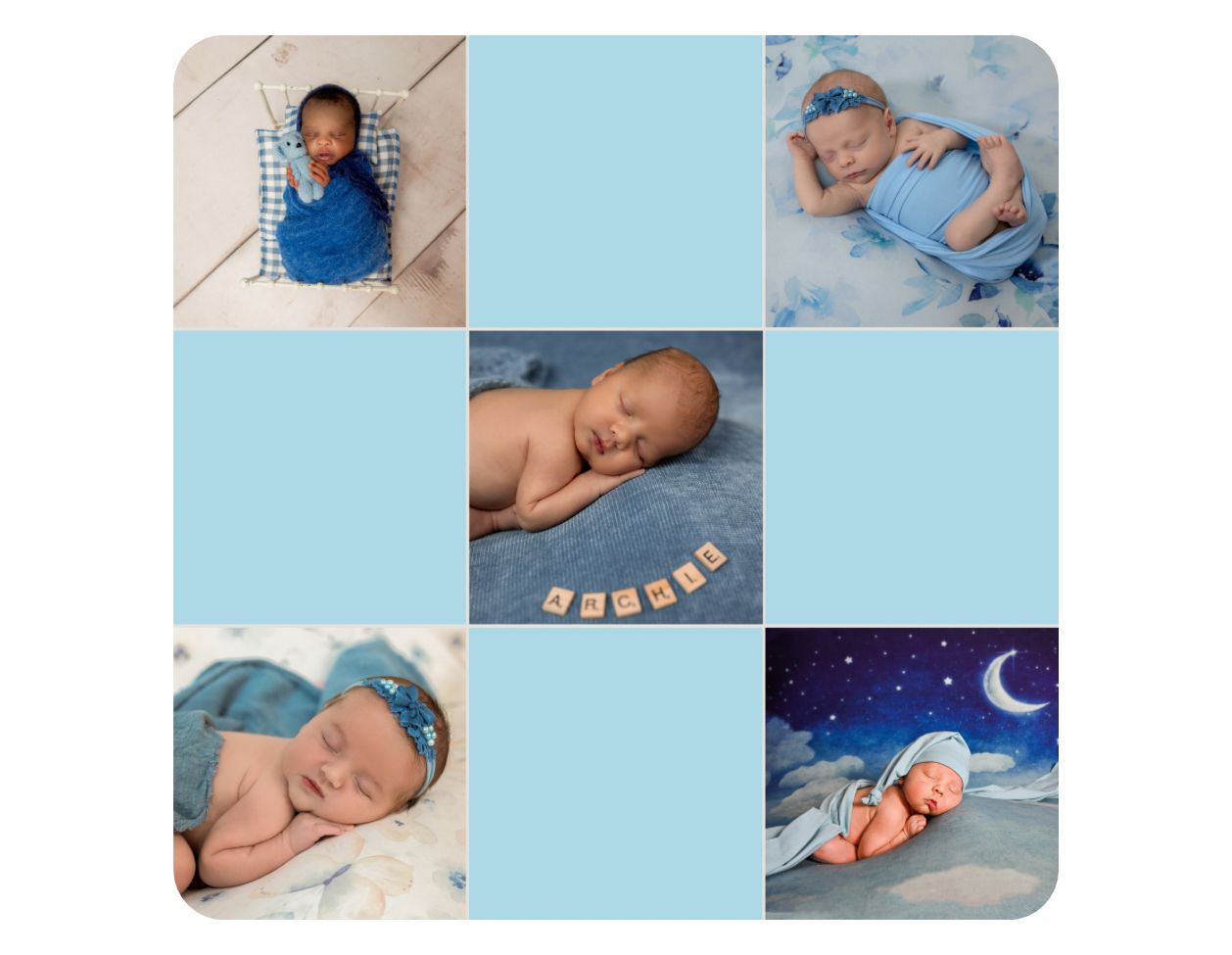 Newborn baby boy in blue outfit posed in light blue themed photo collage.