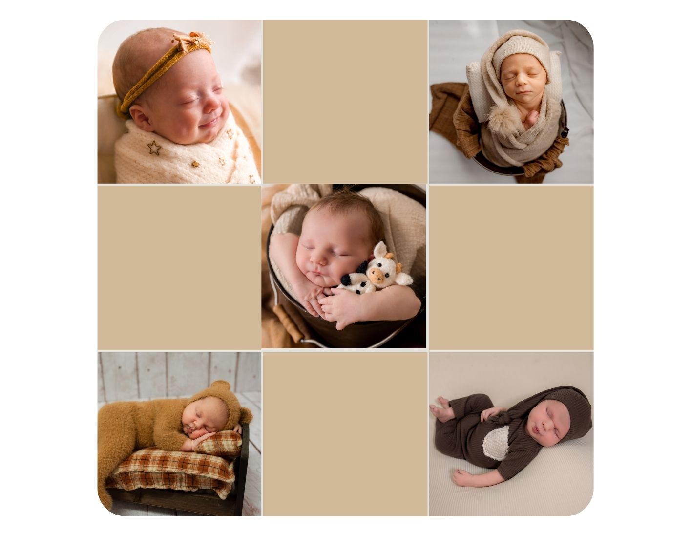 Newborn baby boy in brown wrap posed in cozy tan-themed photo collage.