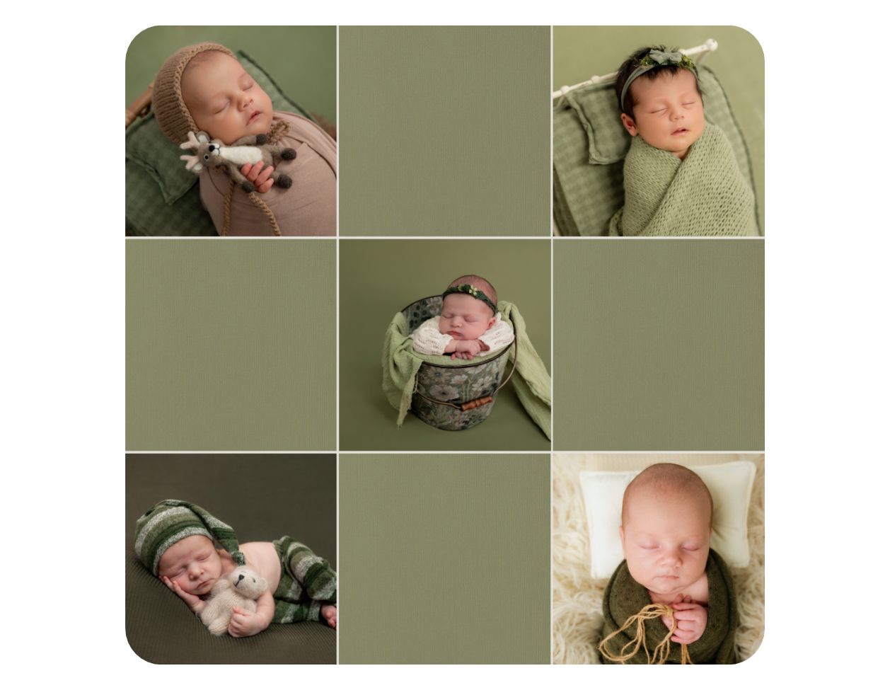 Newborn baby in green wrap posed in rustic olive green themed photo collage.