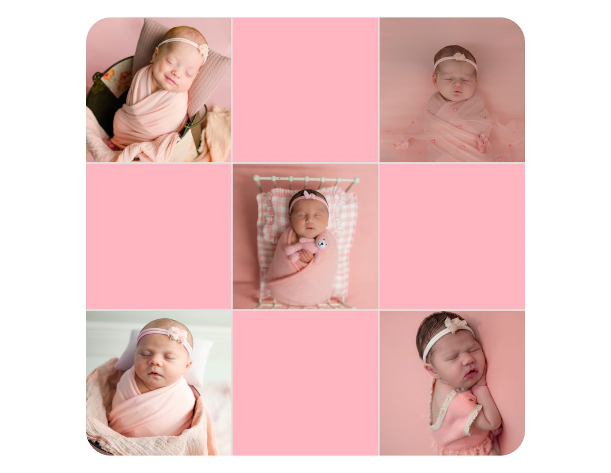 Newborn baby girl in pink wrap posed in soft pink themed photography collage.
