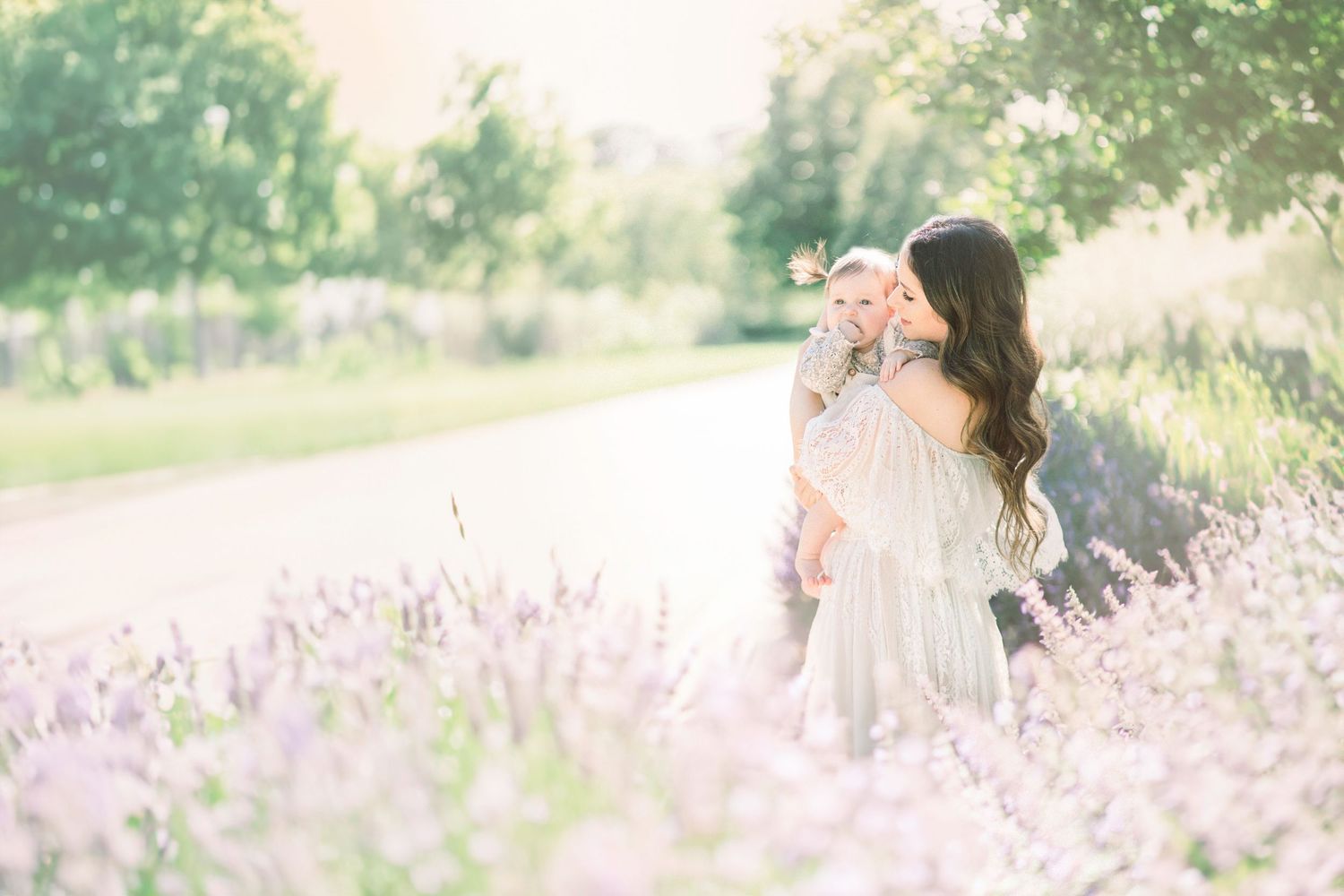 A couple poses romantically in a sunlit field of blooming lavender flowers during golden hour at Nathaniel Greene Park in Springfield, MO