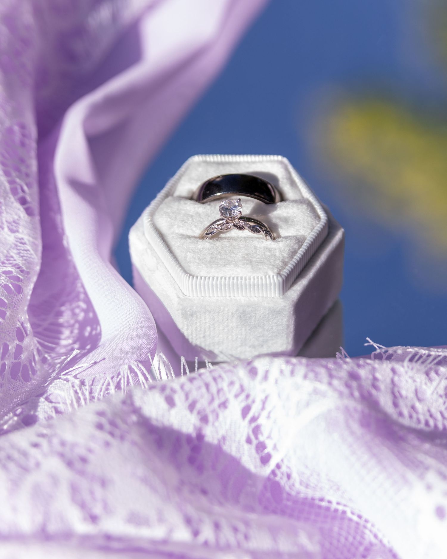 Close-up of wedding rings in a velvet ring box, symbolizing commitment and love, beautifully displayed for a romantic wedding