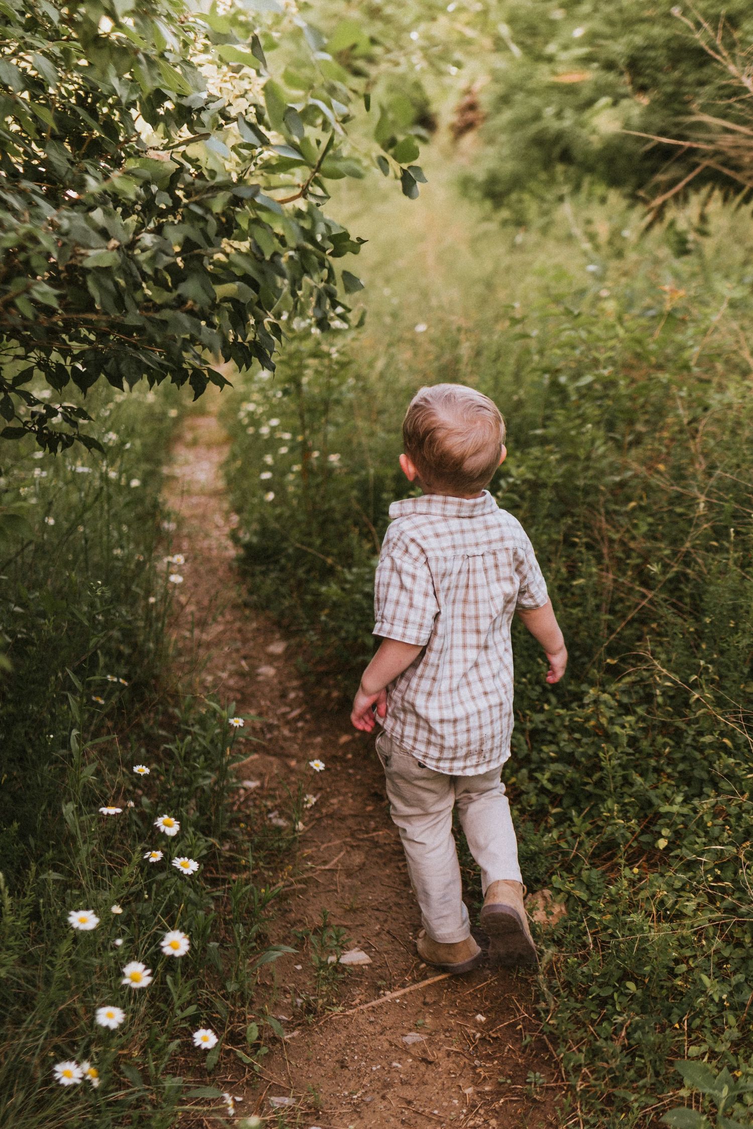 Toddler exploring trails in Chattanooga, TN – family maternity session, soft summer light