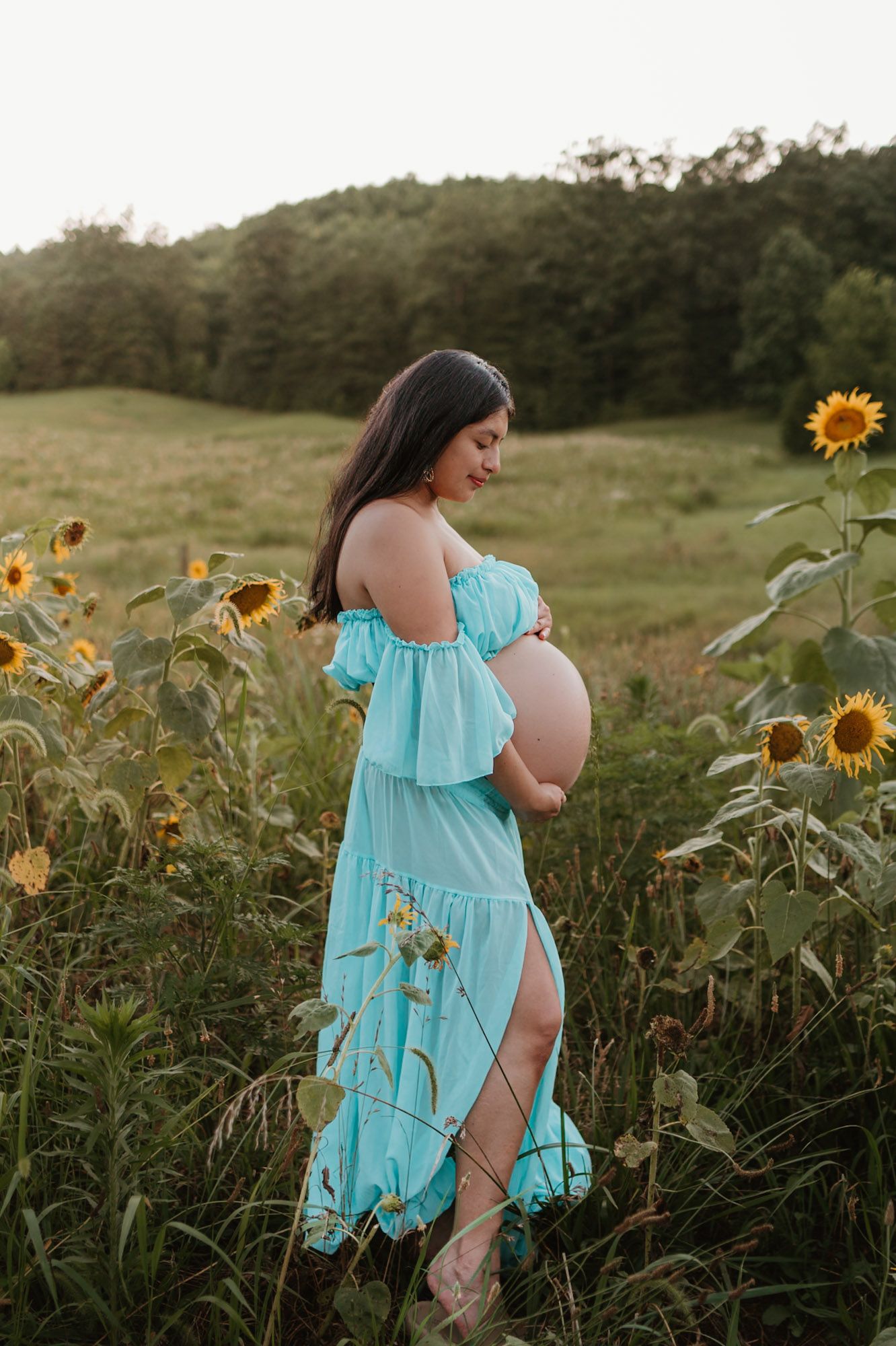 Expecting mom looking at bump in a sunflower field during golden hour maternity session at Fox Mountain Farm in Rising Fawn, Georgia