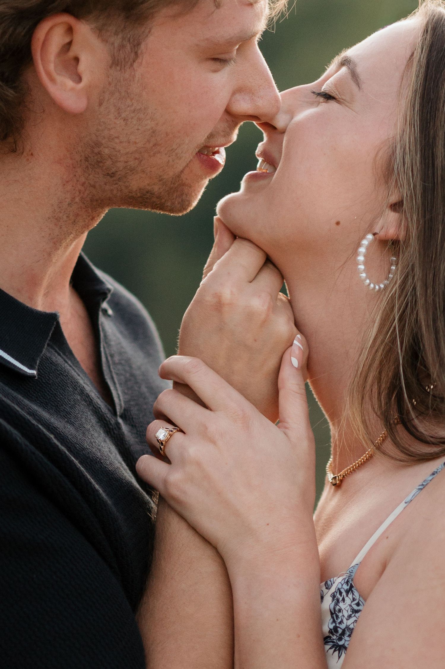 close up of couple almost kissing, close up of ring in engagement proposal session