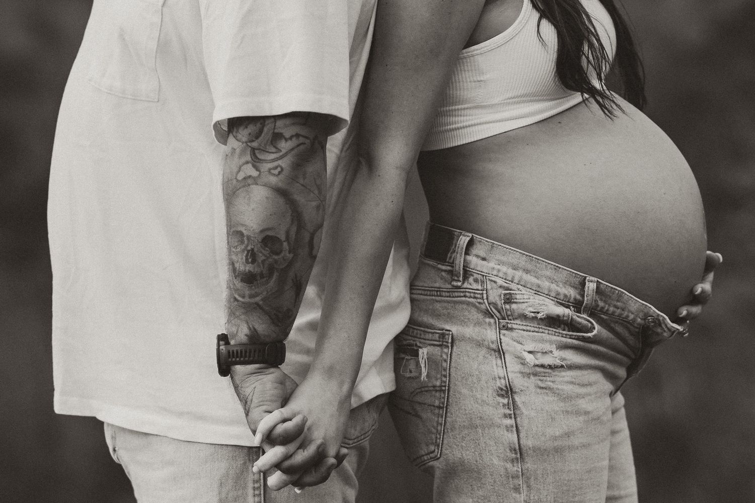 Black and white close up of expecting couple back to back during maternity session at raccoon mountain chattanooga TN, mountain overlook