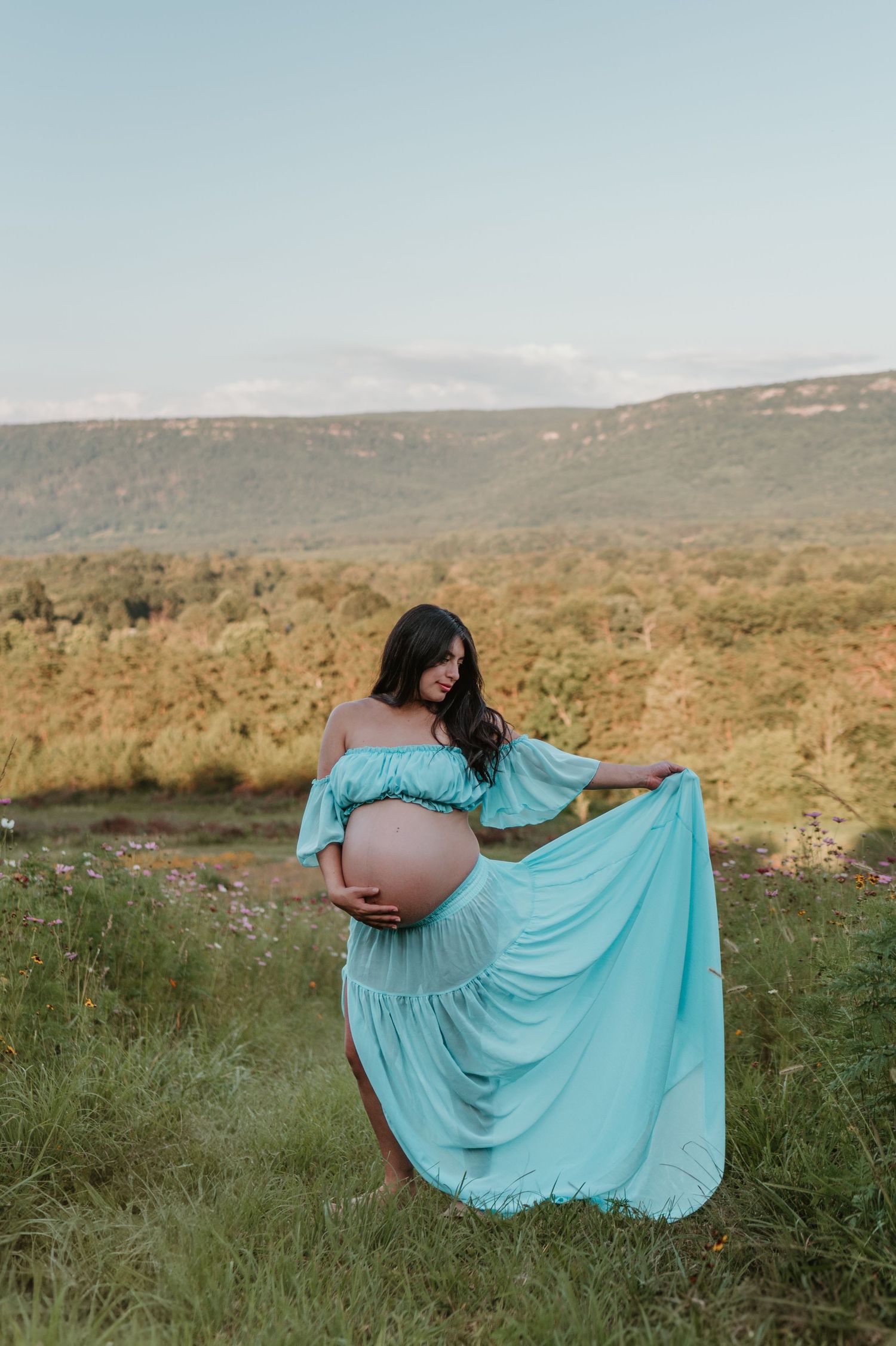 Itzayana holding dress in a wildflower field at Fox Mountain Farms, Chattanooga, TN – maternity session, soft summer light