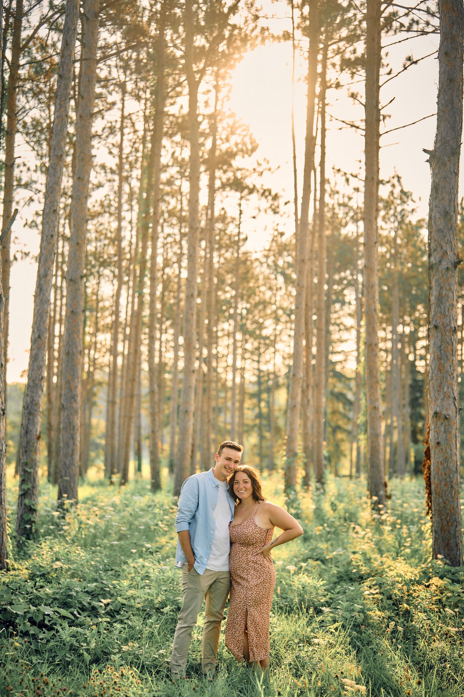 A romantic couple pose together in a sunlit pine forest at golden hour.