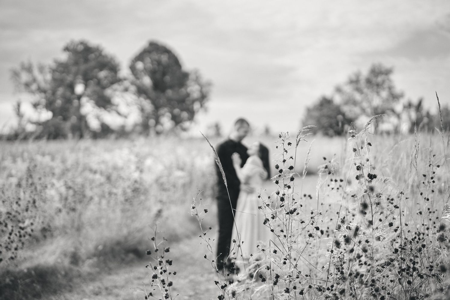 A romantic black and white wedding photo silhouette set in a dreamy field of wildflowers.
