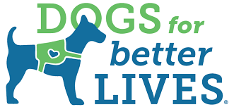 Dogs for Better Lives logo featuring blue and green stylized dog silhouettes.