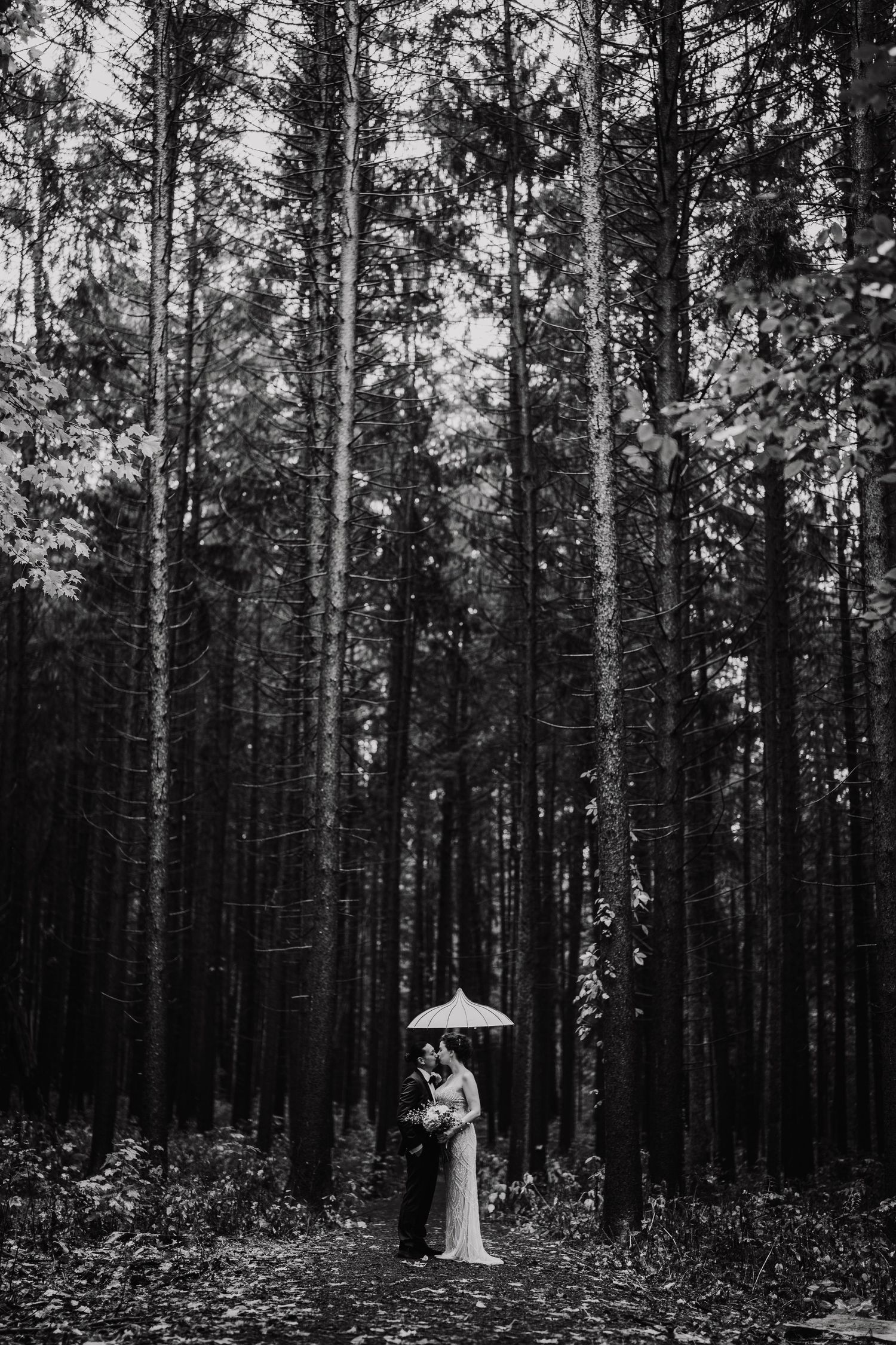 A couple shares an intimate moment under an umbrella in a dark forest.
