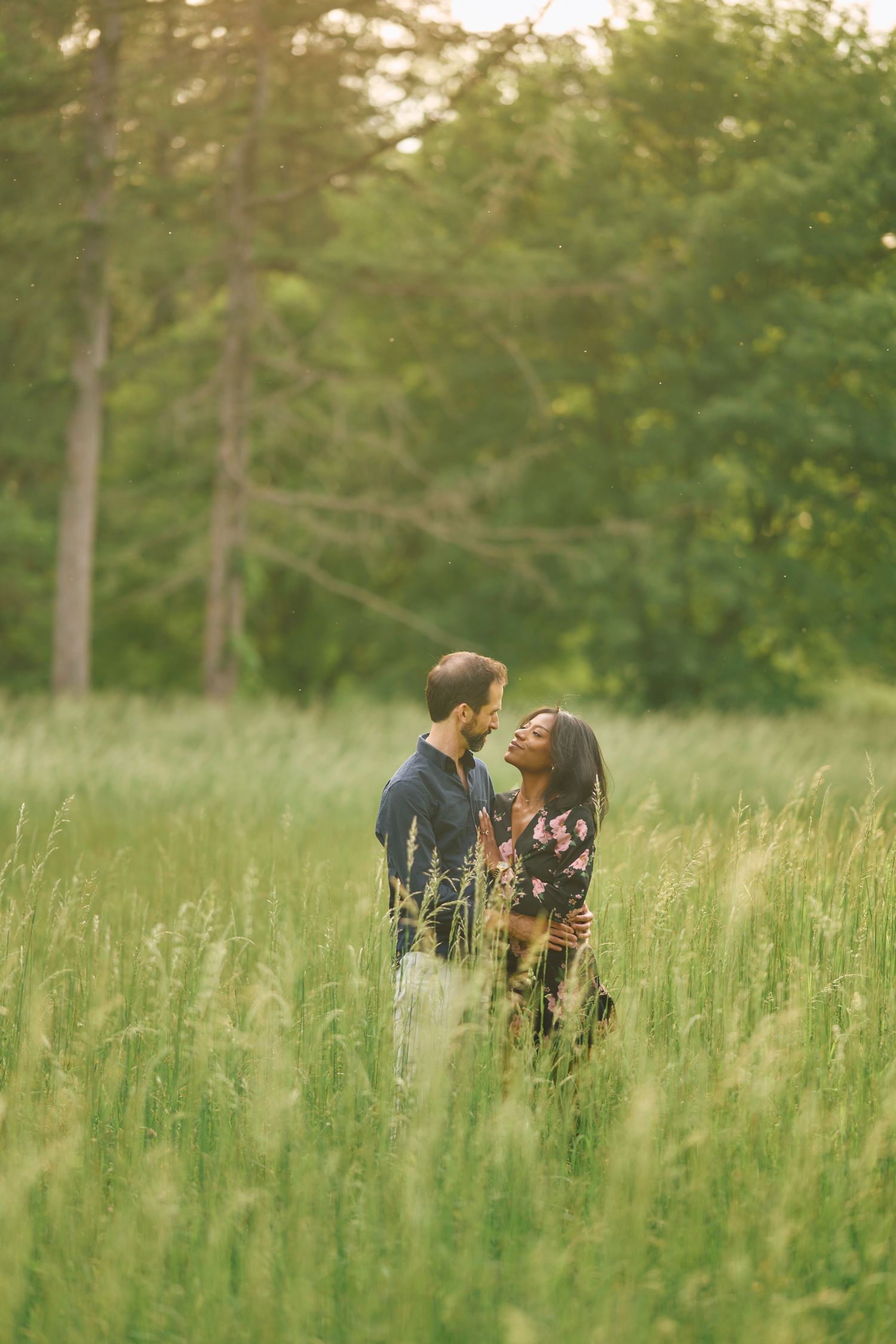 A romantic moment between two figures standing in a sunlit meadow with tall grass and trees in the background.