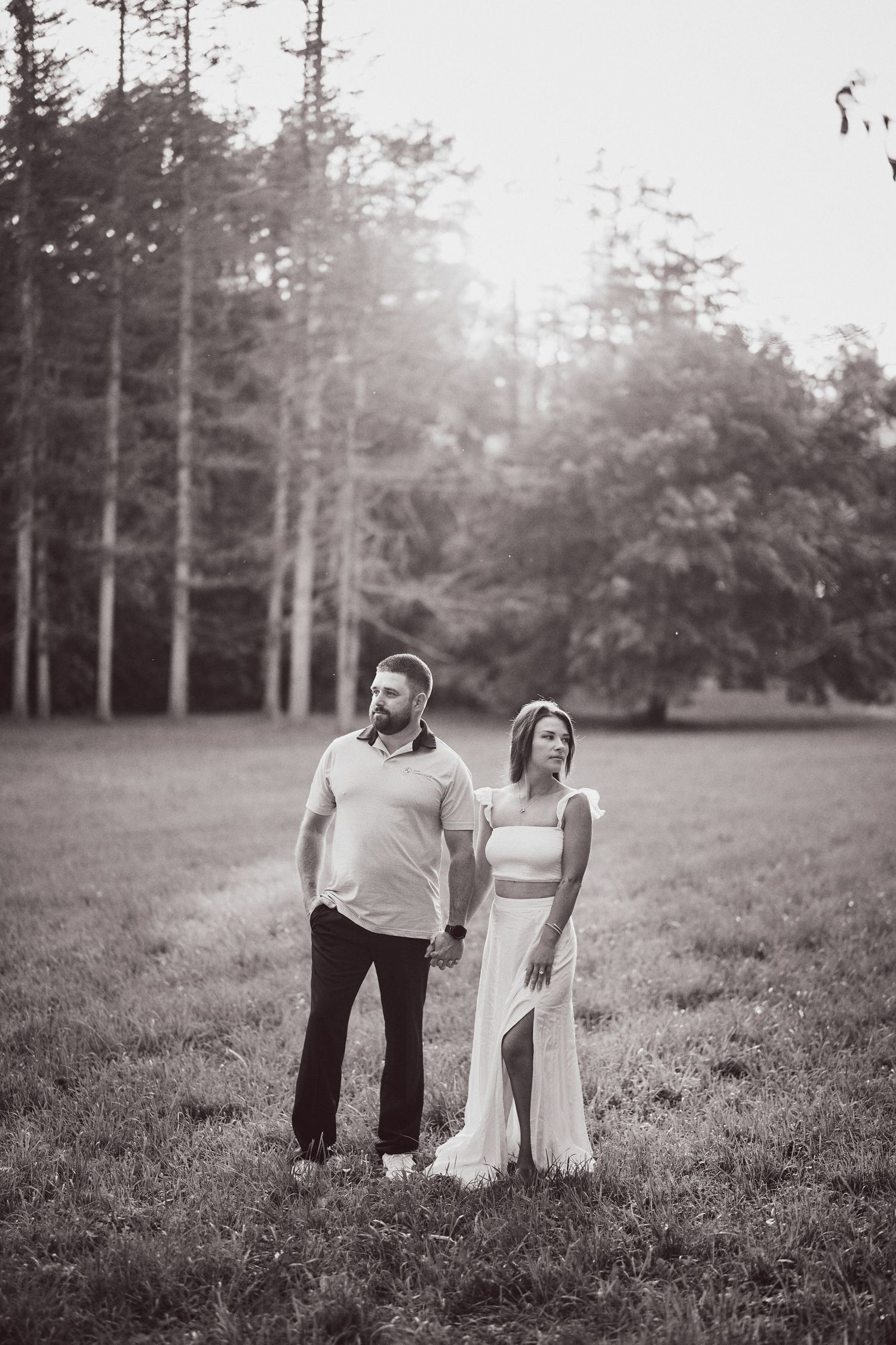 A couple stands together in a grassy meadow with tall pine trees in the background at sunset.
