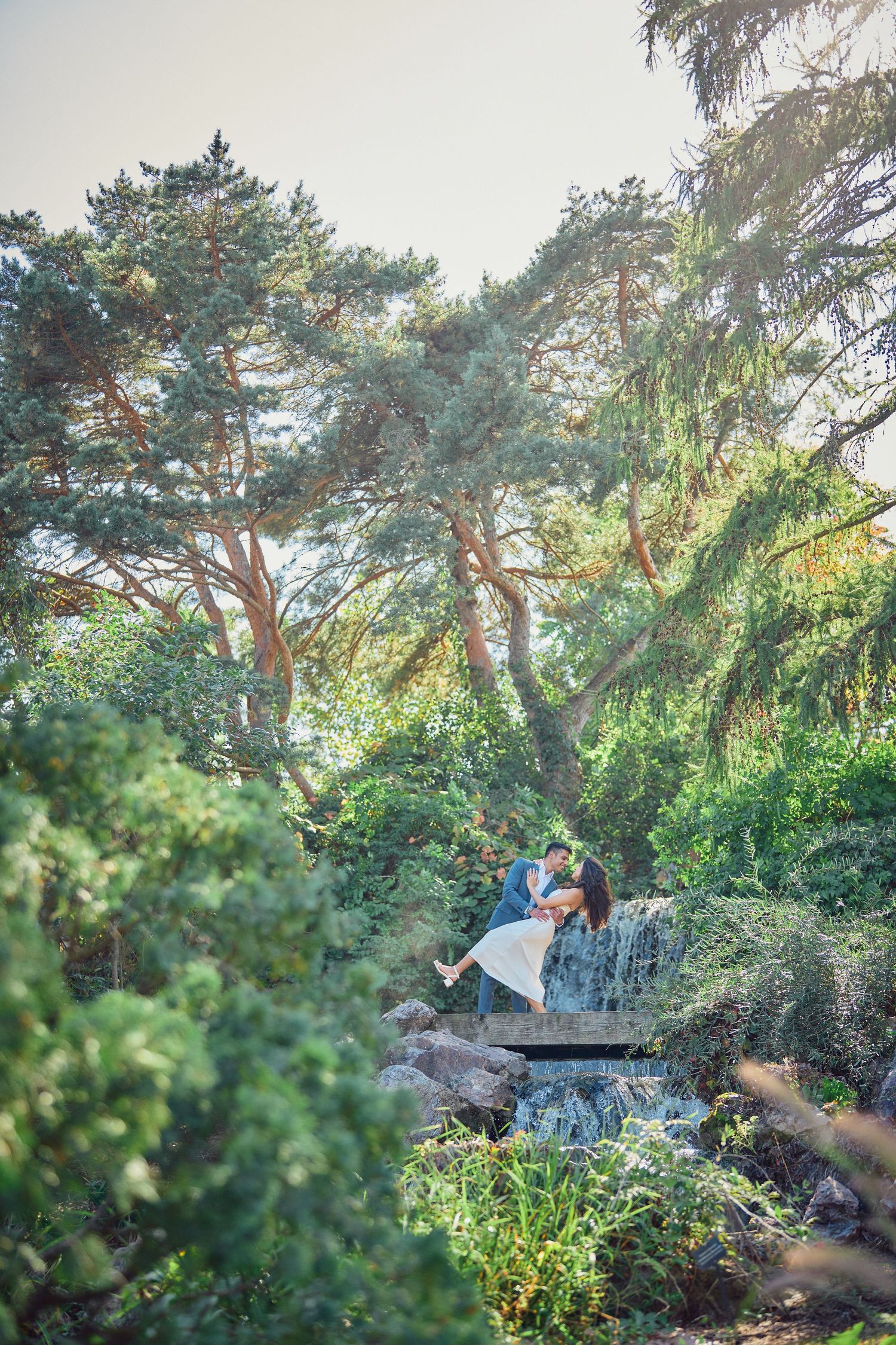 A romantic garden scene with tall pine trees framing a couple standing together on a stone bridge.