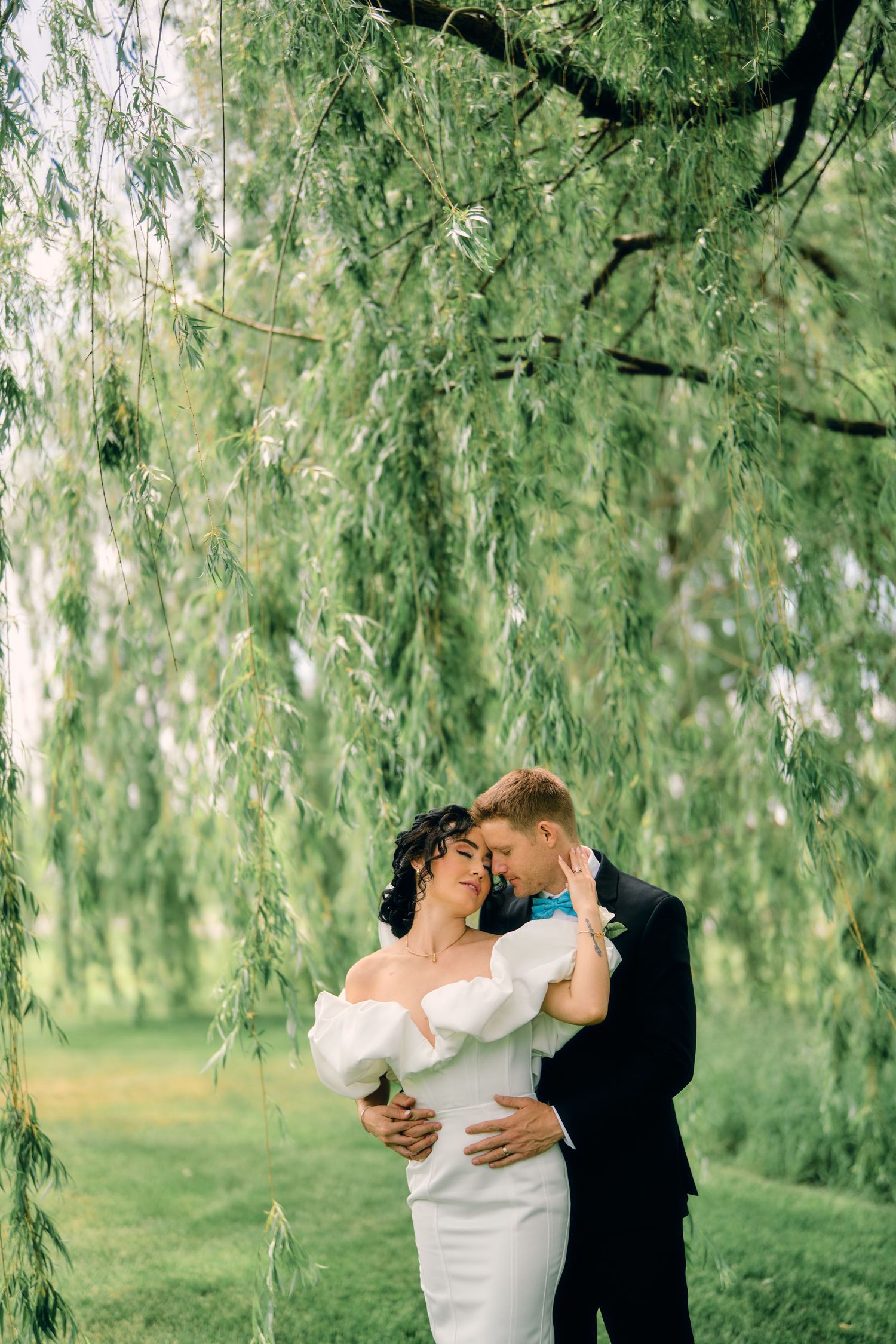 A romantic wedding moment under a majestic weeping willow tree on a sunny summer day.