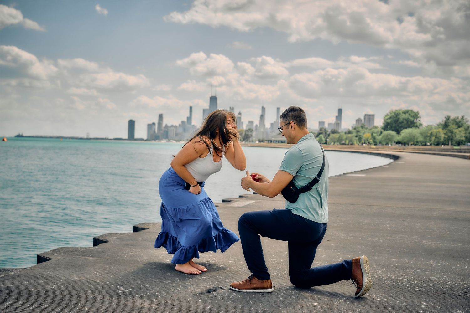A romantic proposal moment overlooking the Chicago skyline along Lake Michigan on a sunny day.