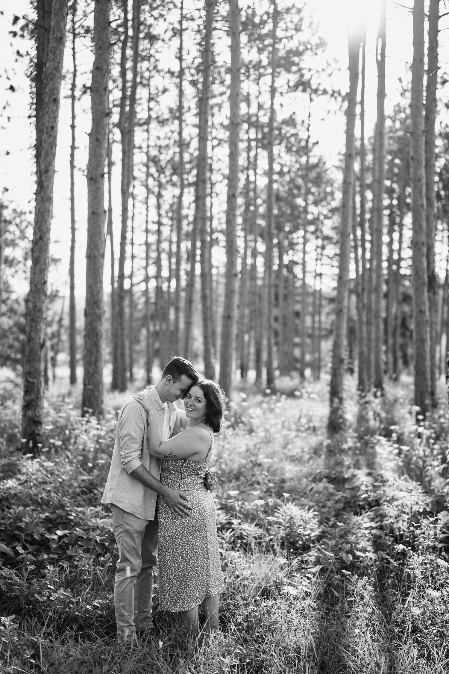 A romantic couple embraces in a sunlit forest clearing surrounded by tall pine trees in black and white.