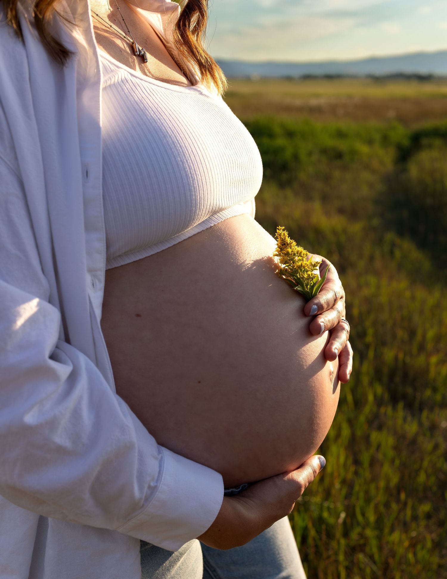 A close up image of a pregnant belly with the sun shine outlining the woman as she holds a flower atop her belly