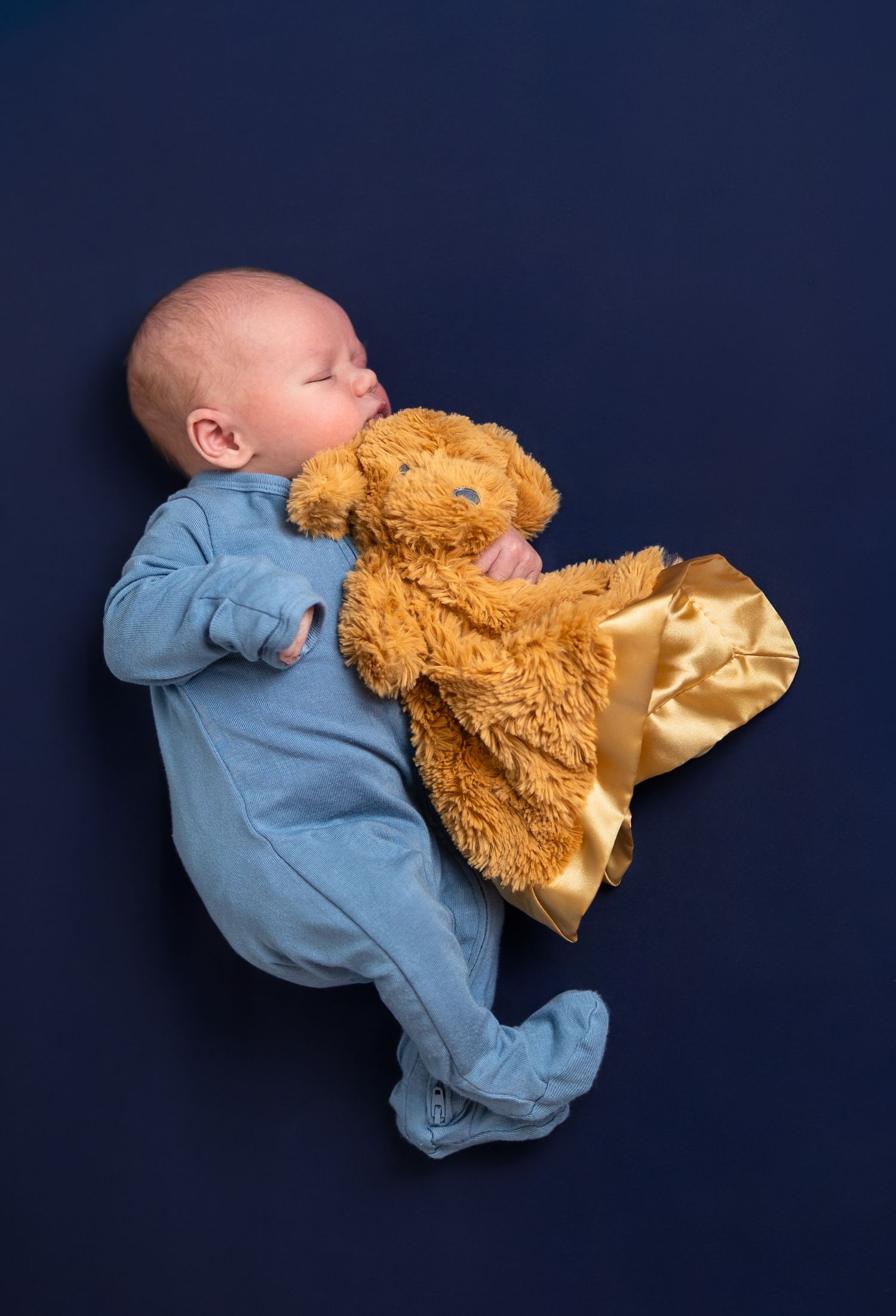 A newborn boy sleeps while cuddling a puppy lovey.