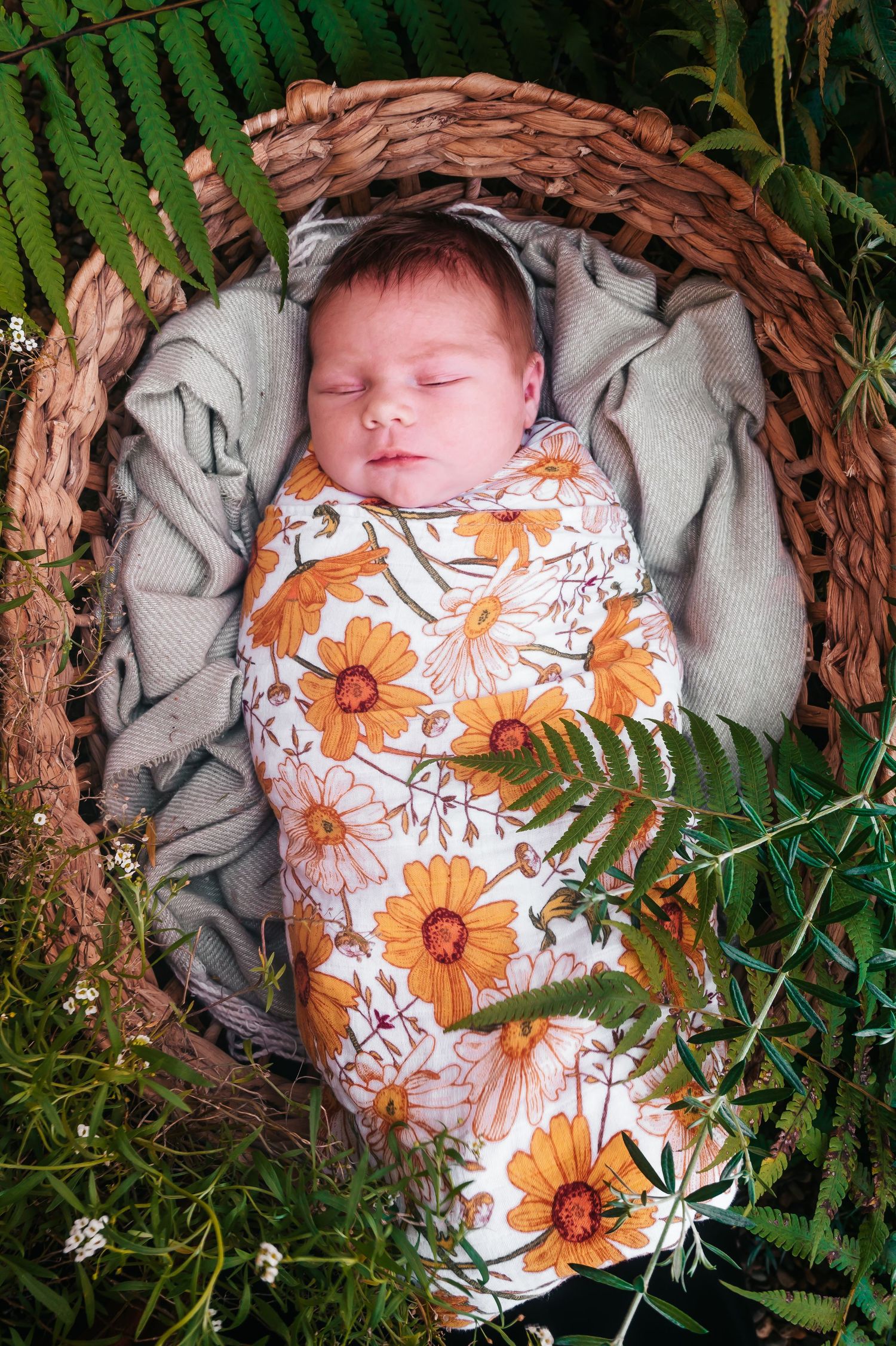 Sleeping baby wrapped in floral swaddle nestled in basket among ferns.