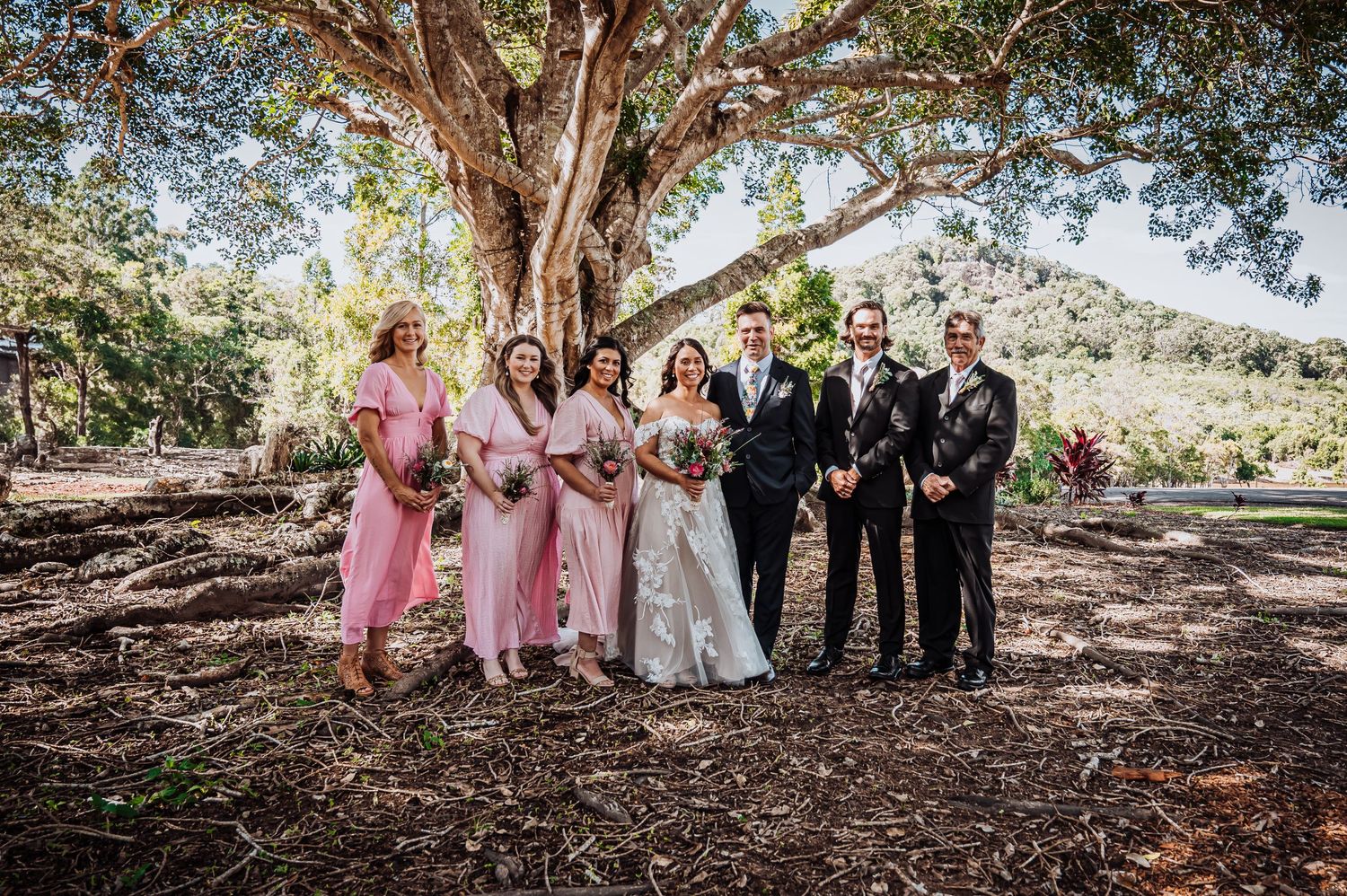 Wedding party group photo under a majestic tree with bridesmaids in pink and groomsmen in dark suits.
