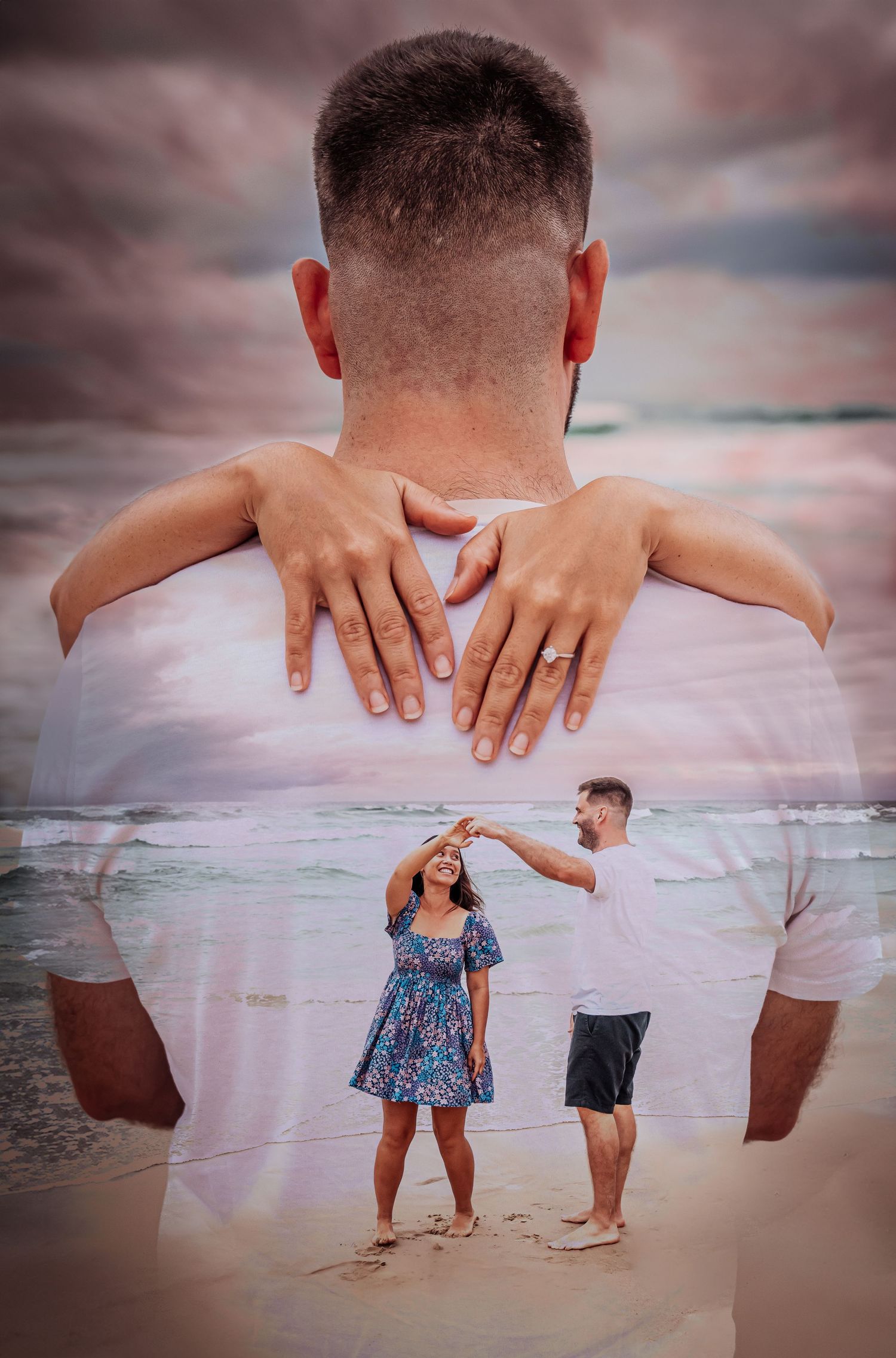 Creative beach photography with hands embracing and a dancing couple in the background.