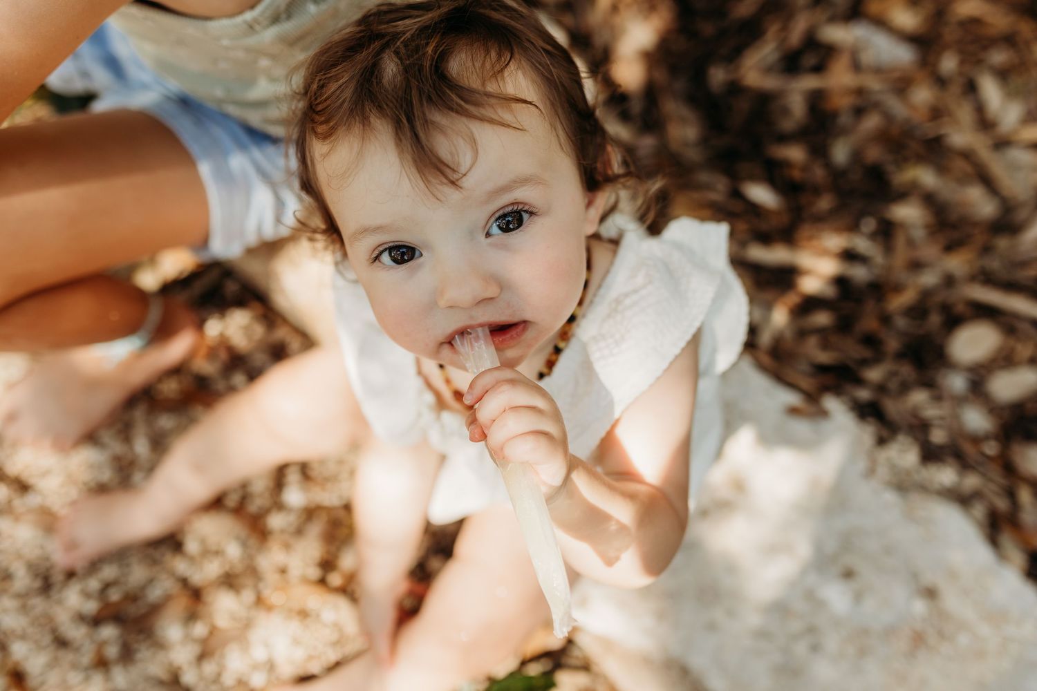 A close-up of a curious baby in a white dress sitting on dry leaves in warm sunlight.