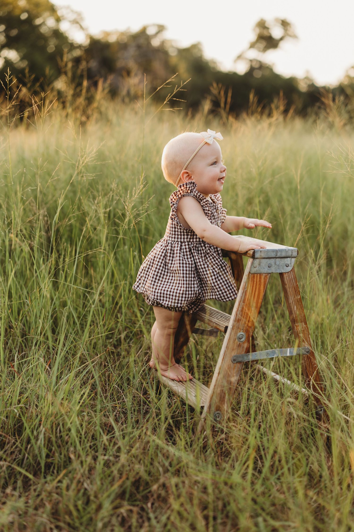 Cute baby girl in checkered romper standing on rustic ladder in golden sunlit meadow.