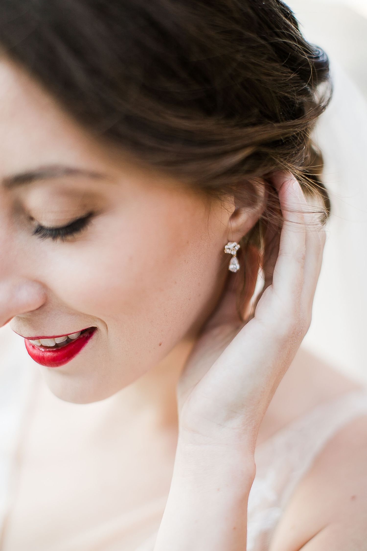 Side profile portraits featuring elegant hair styling, red lipstick, and delicate jewelry creating a romantic aesthetic.