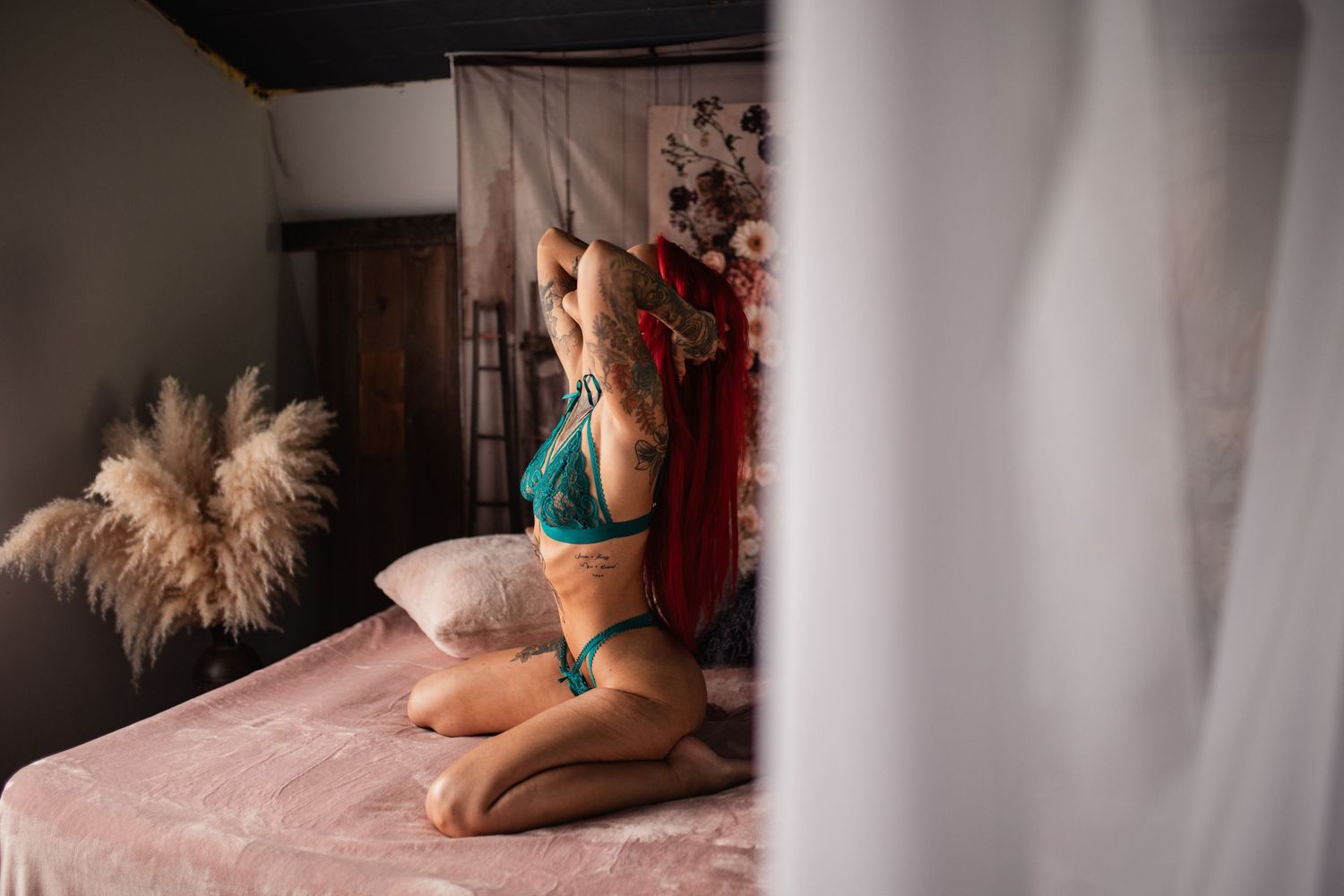Minimalist photo series showing graceful poses against white curtains and natural window light.