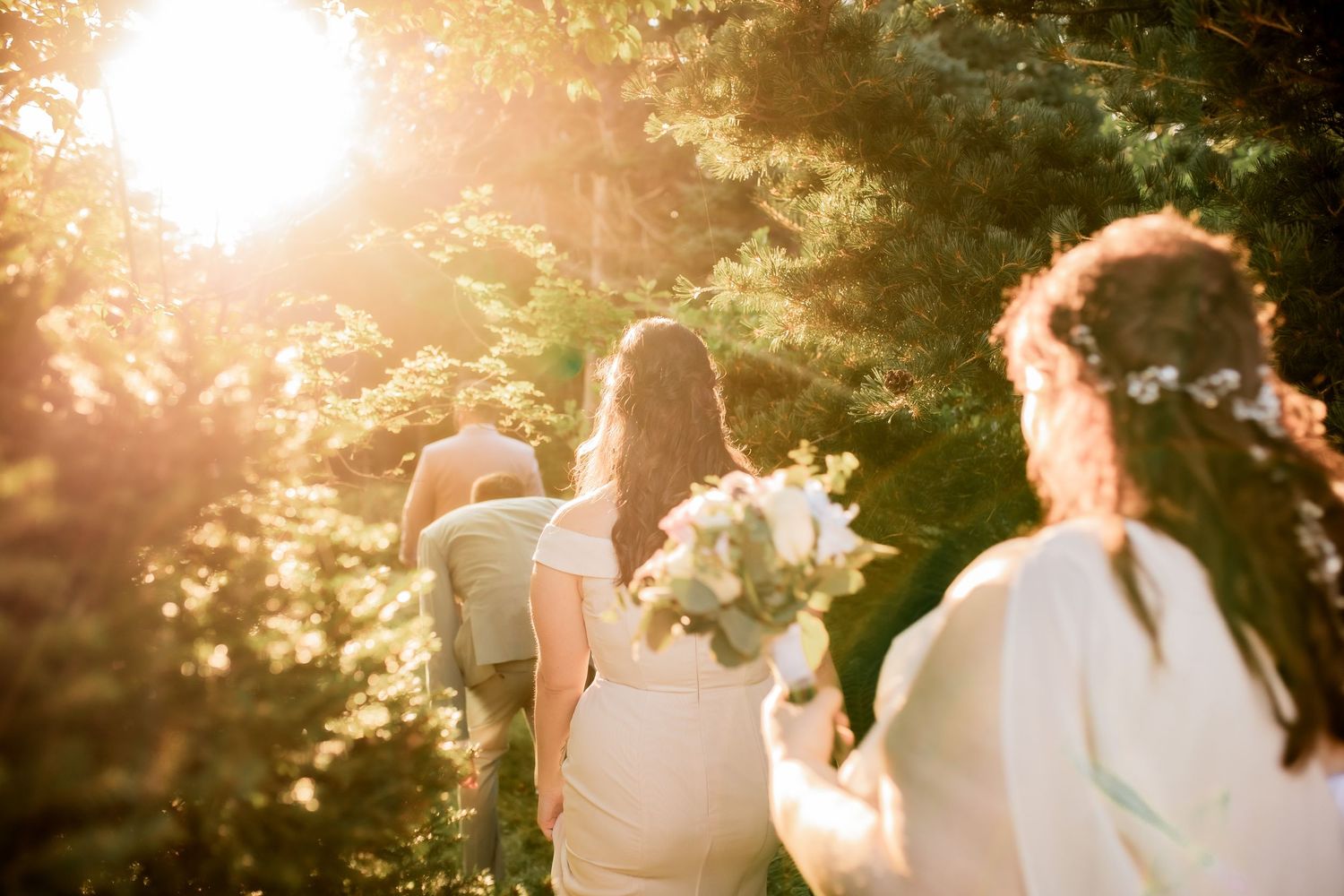 Golden sunlight illuminates wedding party through trees during outdoor celebration.