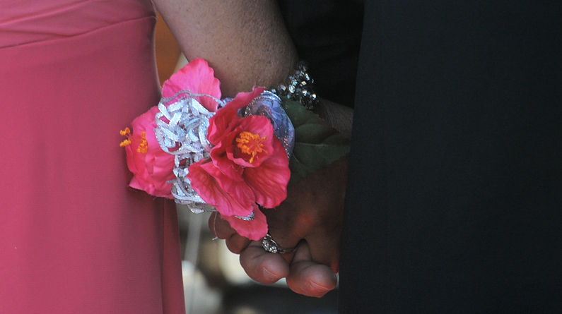 Pink and coral corsage with silver accents worn for a formal event.