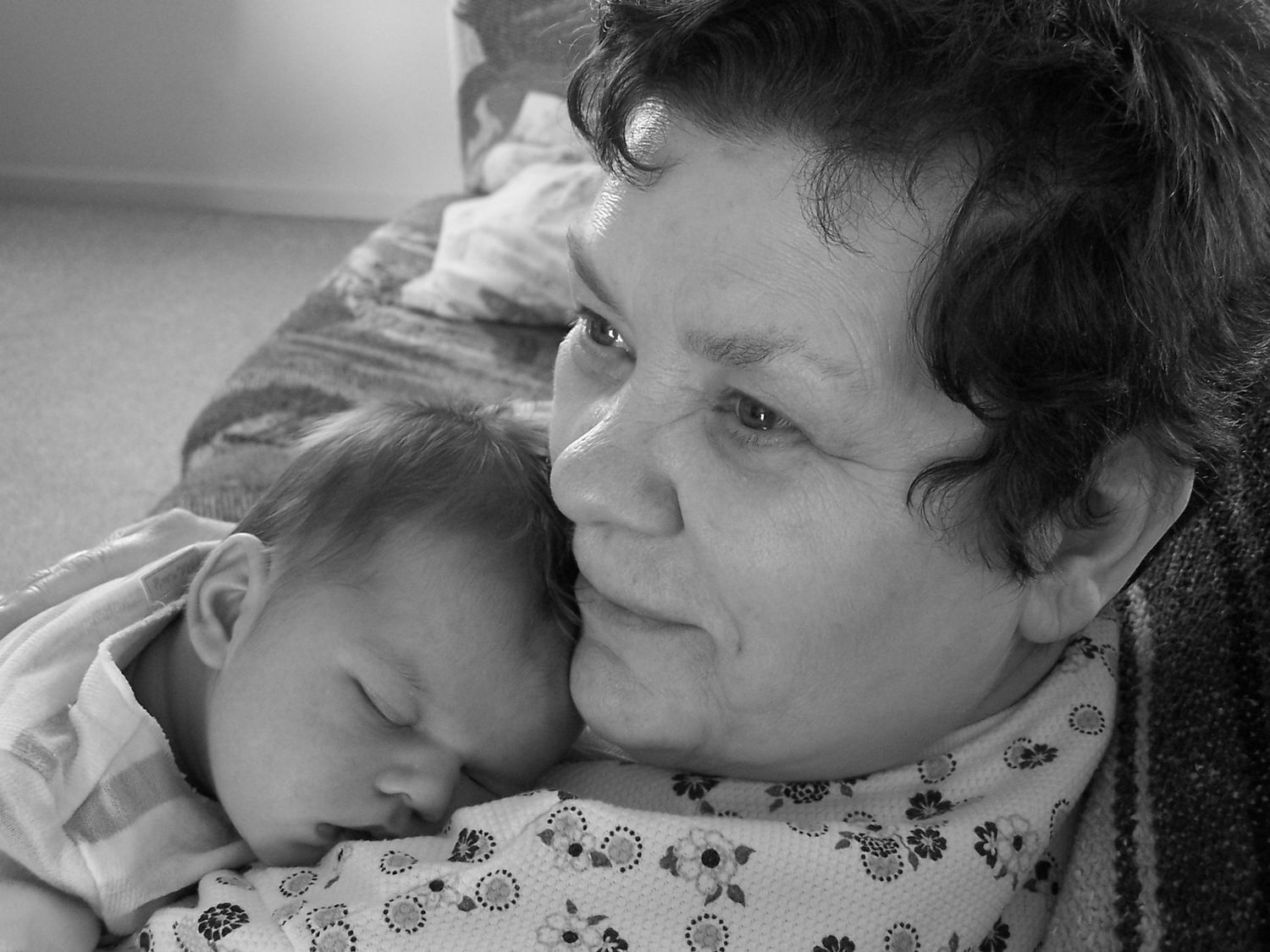 black and white photo of grandmother and grandson