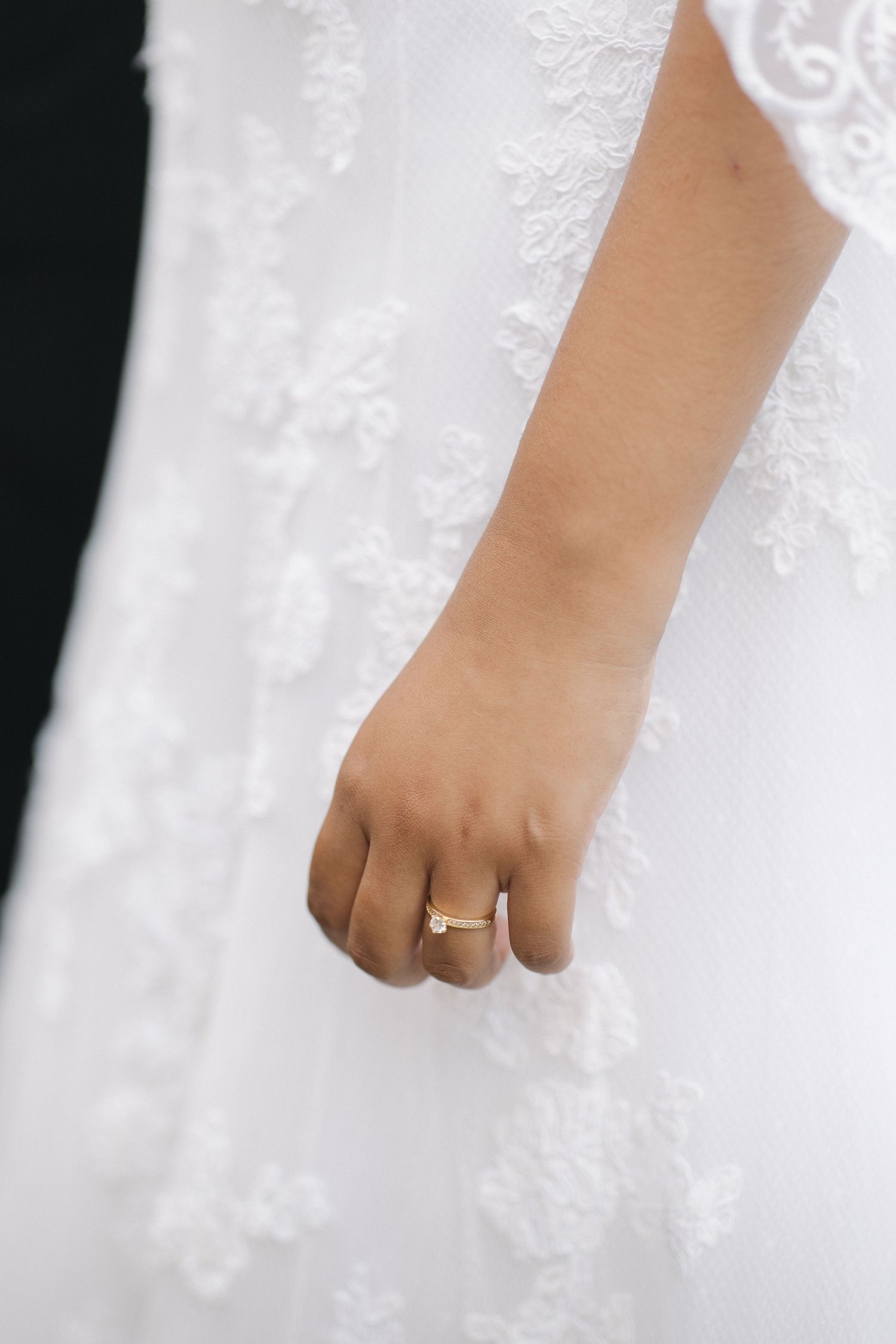 Close-up detail of a hand wearing a wedding ring against white lace fabric.
