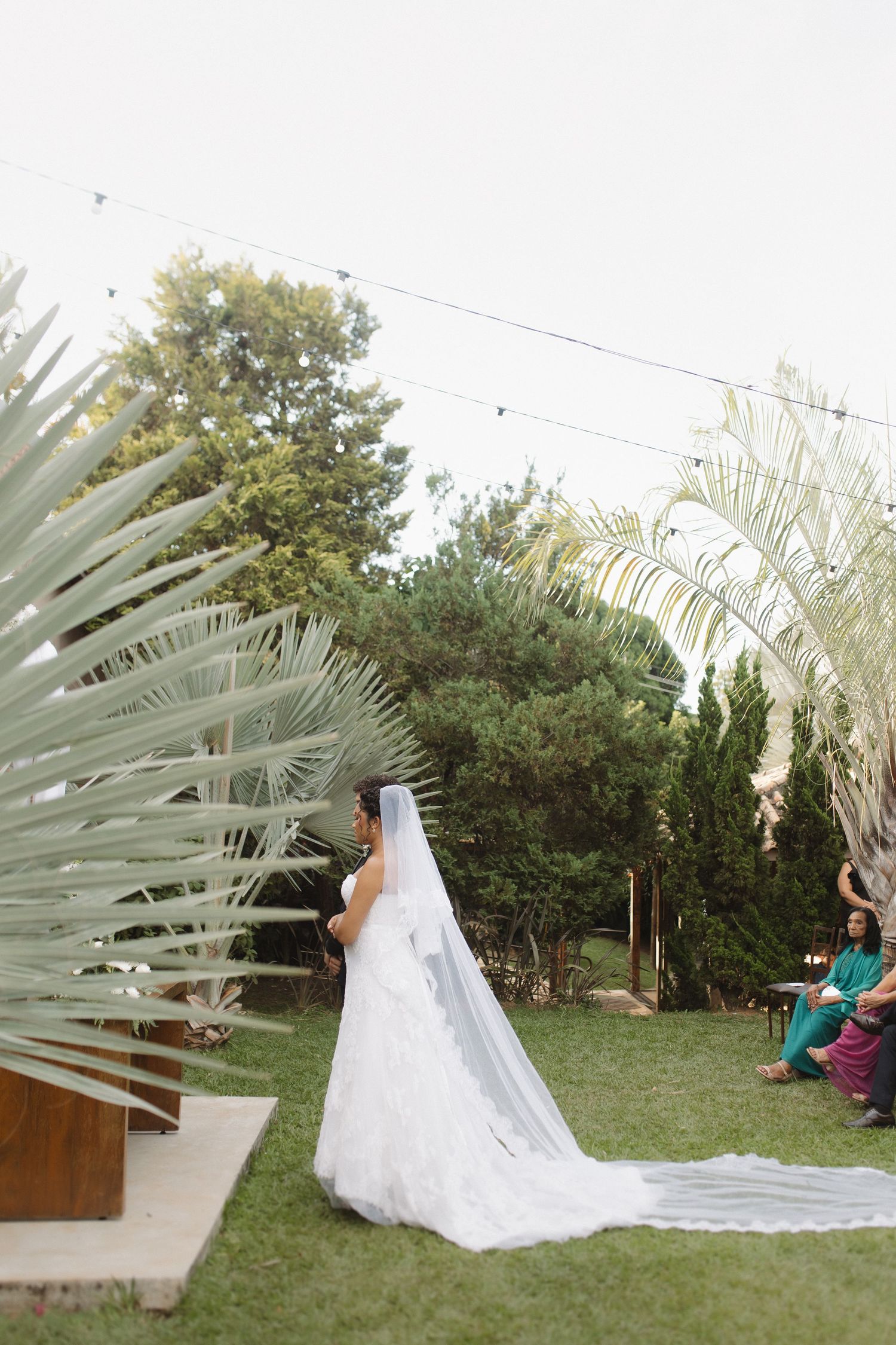 A flowing white wedding dress and veil against a backdrop of palm trees in an outdoor garden setting.