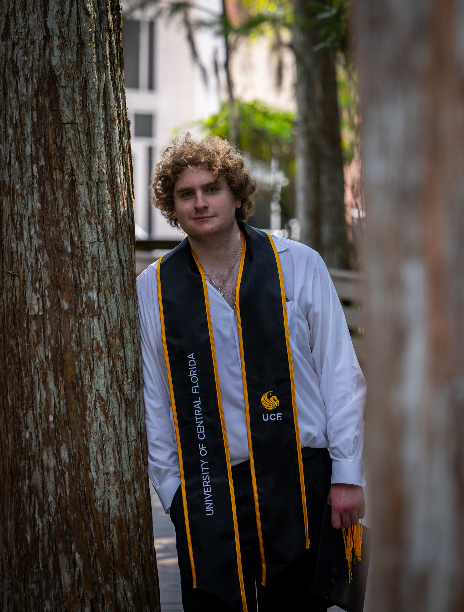 UCF graduate student posing between trees wearing University of Central Florida black and gold graduation stole.