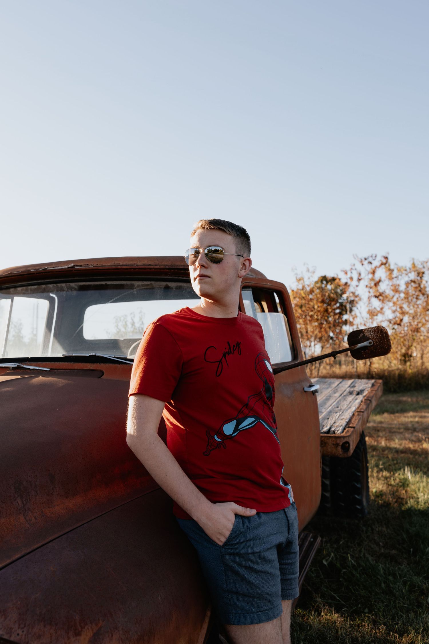 A rustic scene with an old pickup truck in warm evening light.