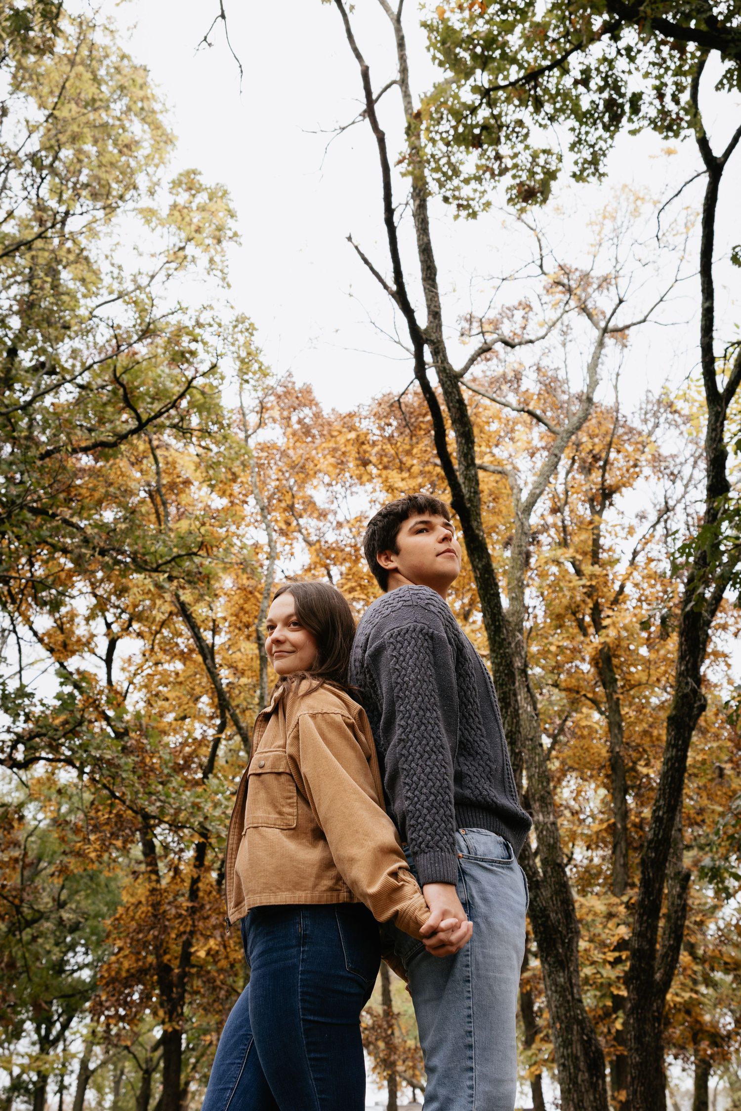 Couple holding hands while walking through autumn woods with golden foliage overhead.