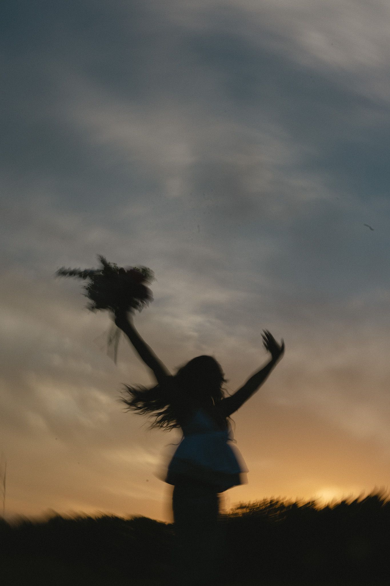 Silhouette of a woman dancing joyfully at sunset, arms raised holding wildflowers, with a dramatic cloudy sky backdrop.