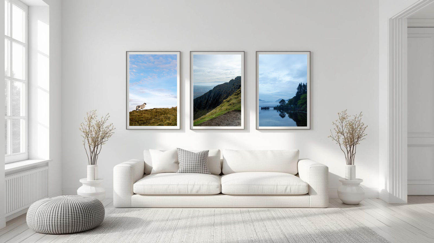 Three vertical fine art landscape prints by Radiant Coast Photography hanging in a bright, minimalist white living room mockup