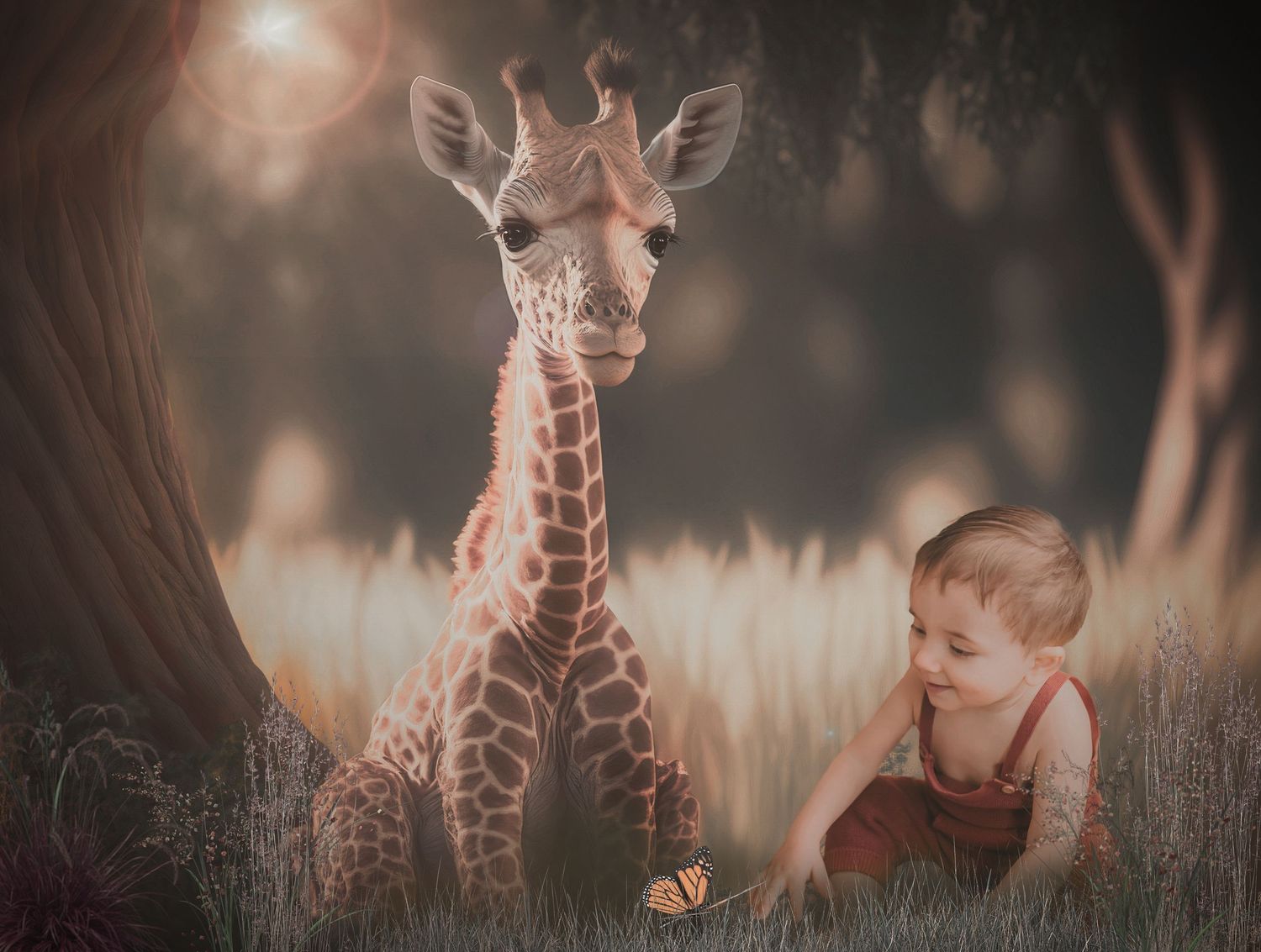 Composite image of Matthew with a giraffe and a butterfly.