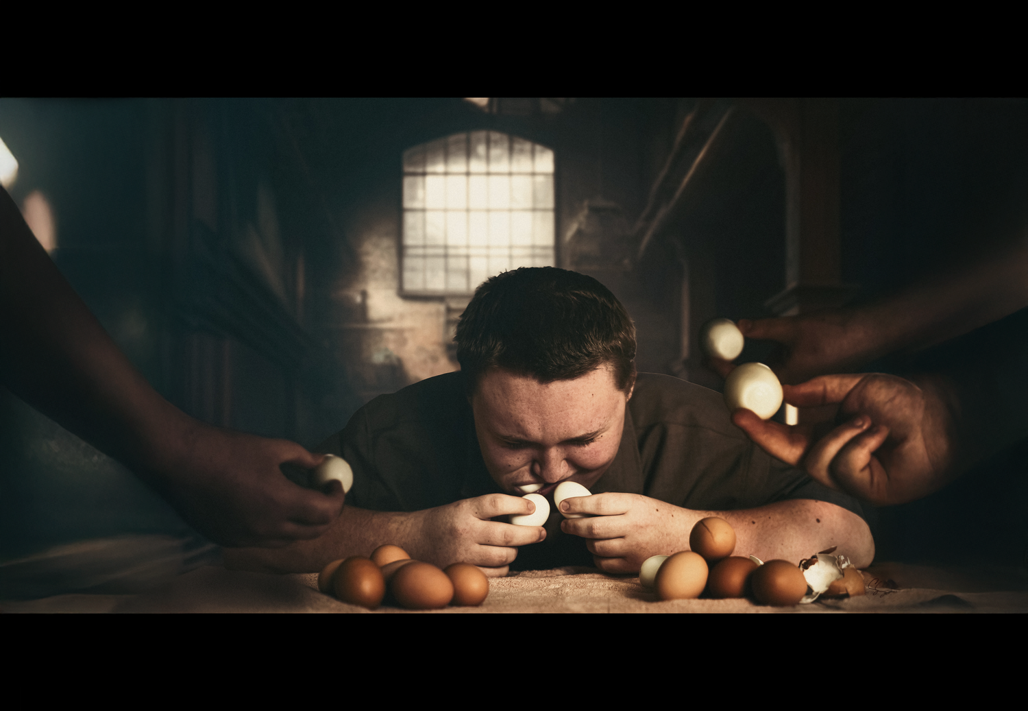 A composite image of Noah recreating a scene from Cool Hand Luke.