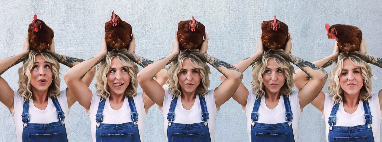 A playful portrait of Ashleah featuring a series of expressive poses while balancing a chicken on her head.
