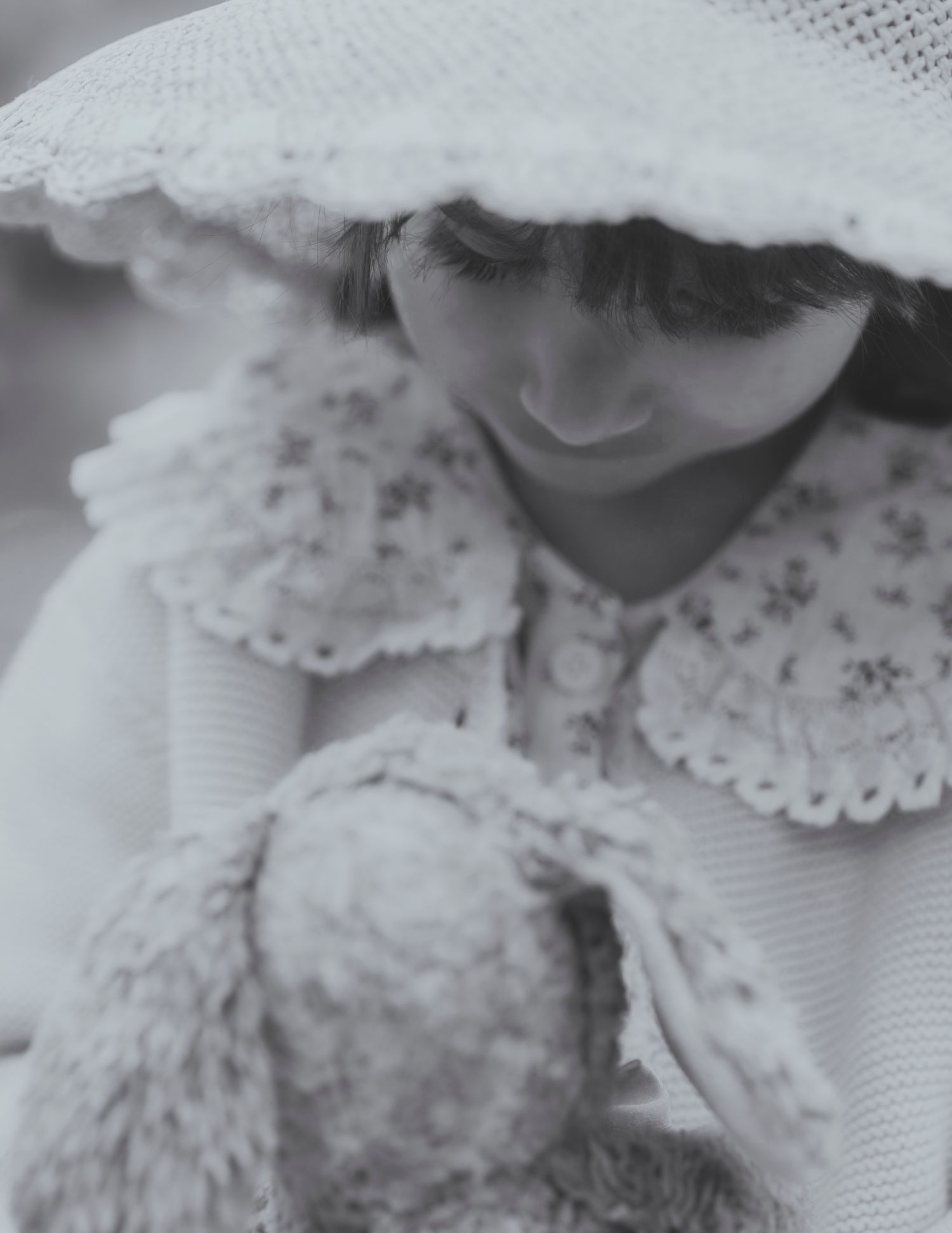 Tara and the bunny in BW.